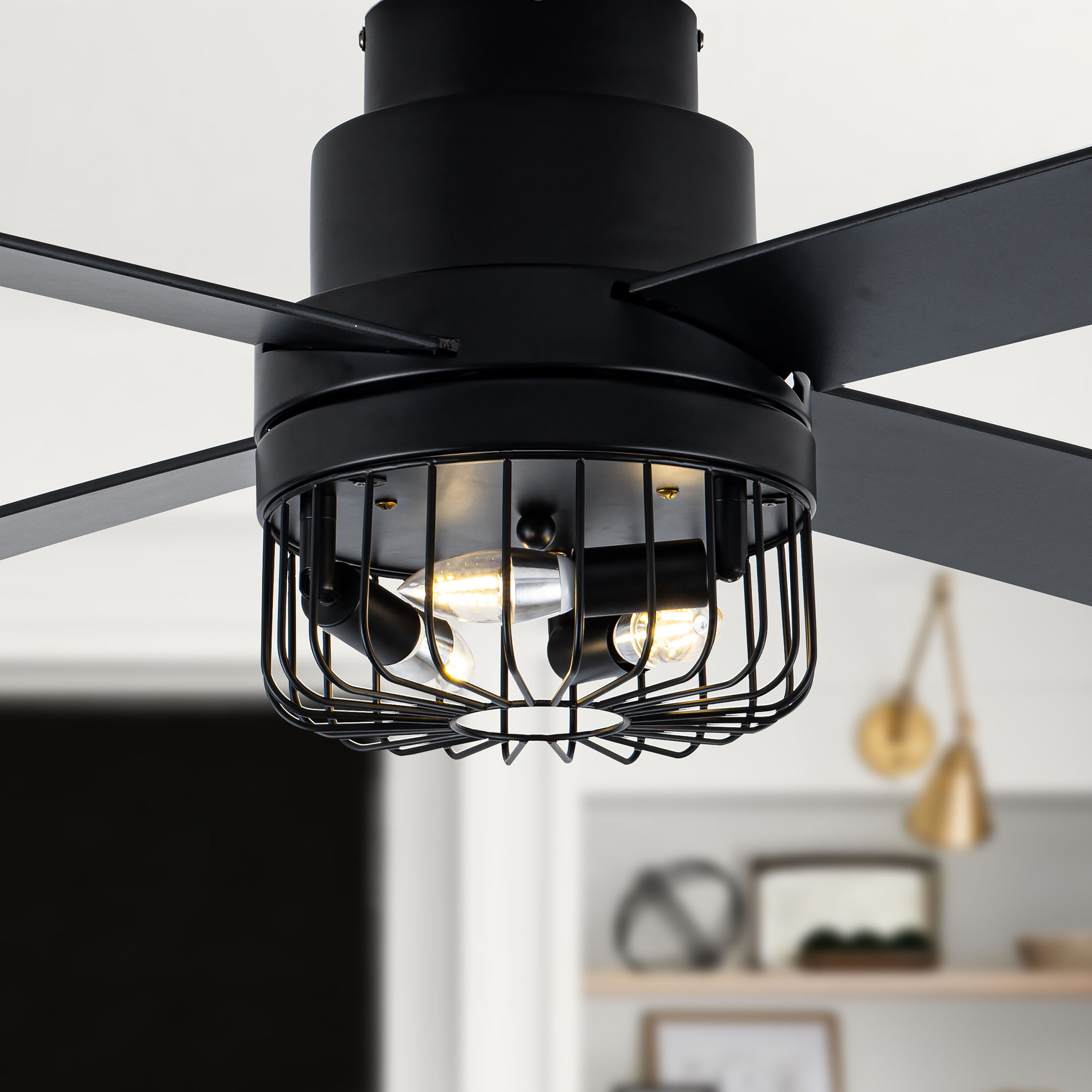Oaks Decor BD2065 Patroli 52-in Color-Changing Flush Mount Black with Black Blades Ceiling Fan With Light - Remote Included ( 5 -Blade )