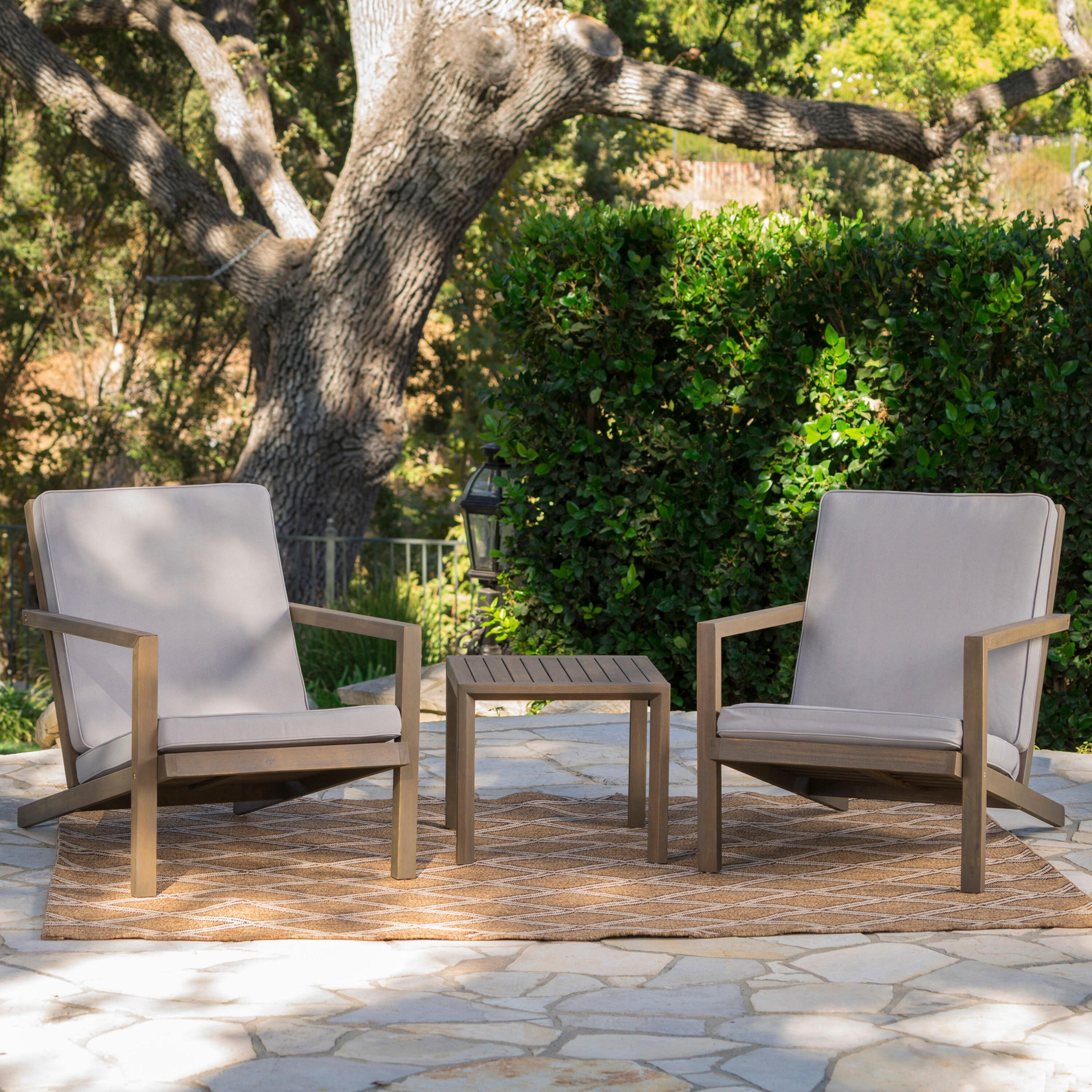 Gray Acacia Wood 3-Piece Outdoor Chat Set with Water-Resistant Cushions