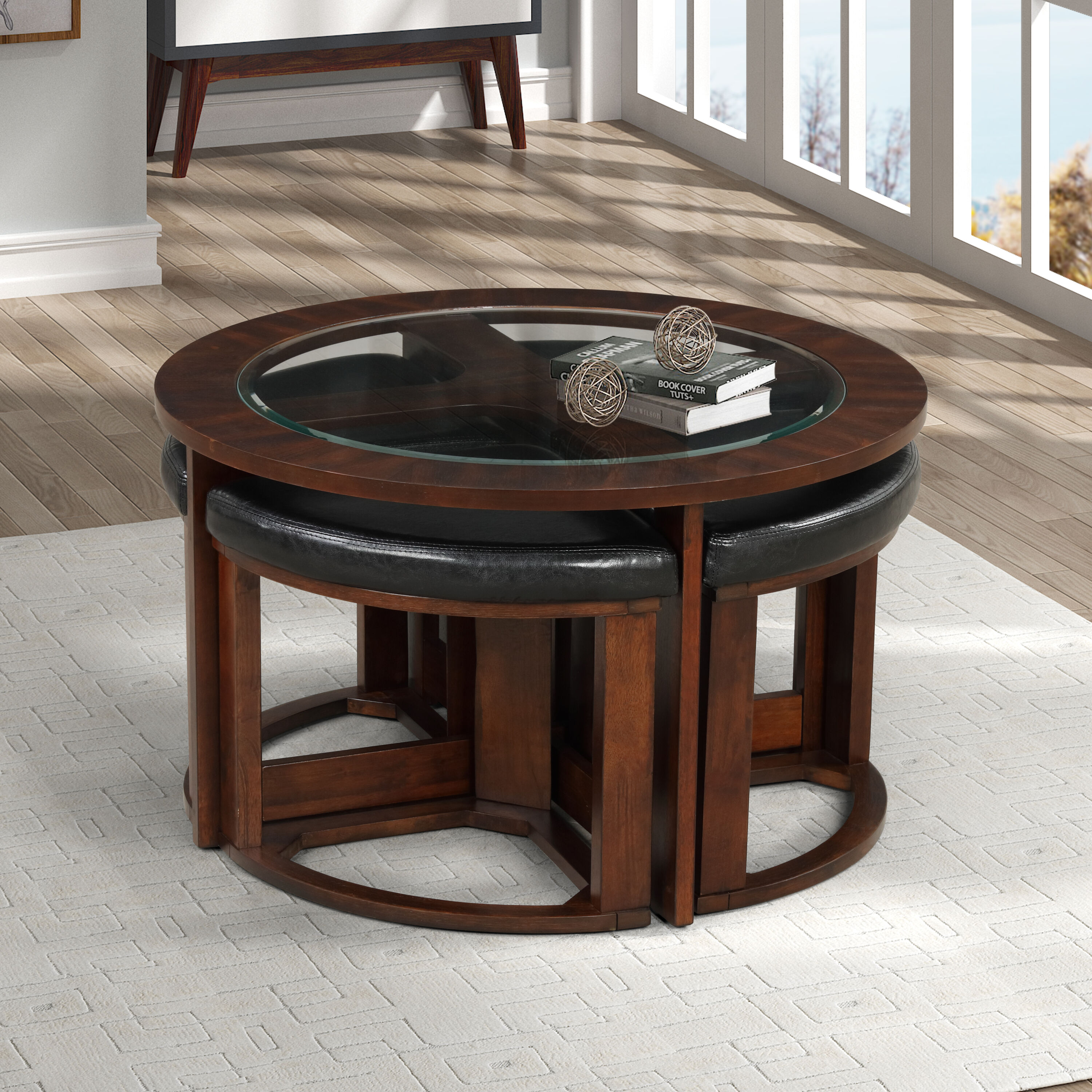 Tinyhomie Cylina Solid Wood Glass Top Round Table Set Coffee Table