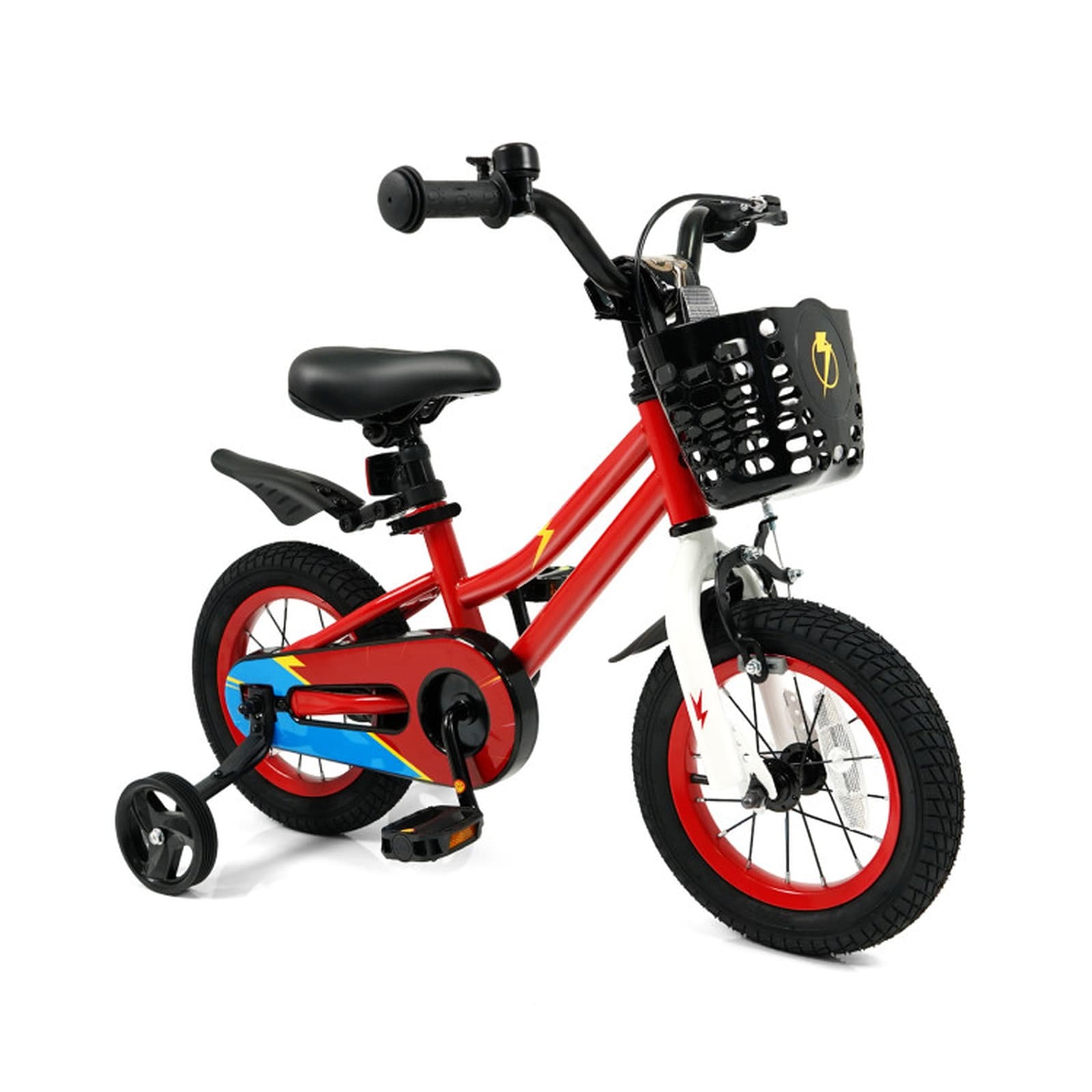 SUGIFT 12-in Kids Bike with Training Wheels for Ages 3-4 Hand and Coaster Brake System Carbon Steel Frame 5-Layer Pneumatic Tires Bell Reflectors and Front Basket Red