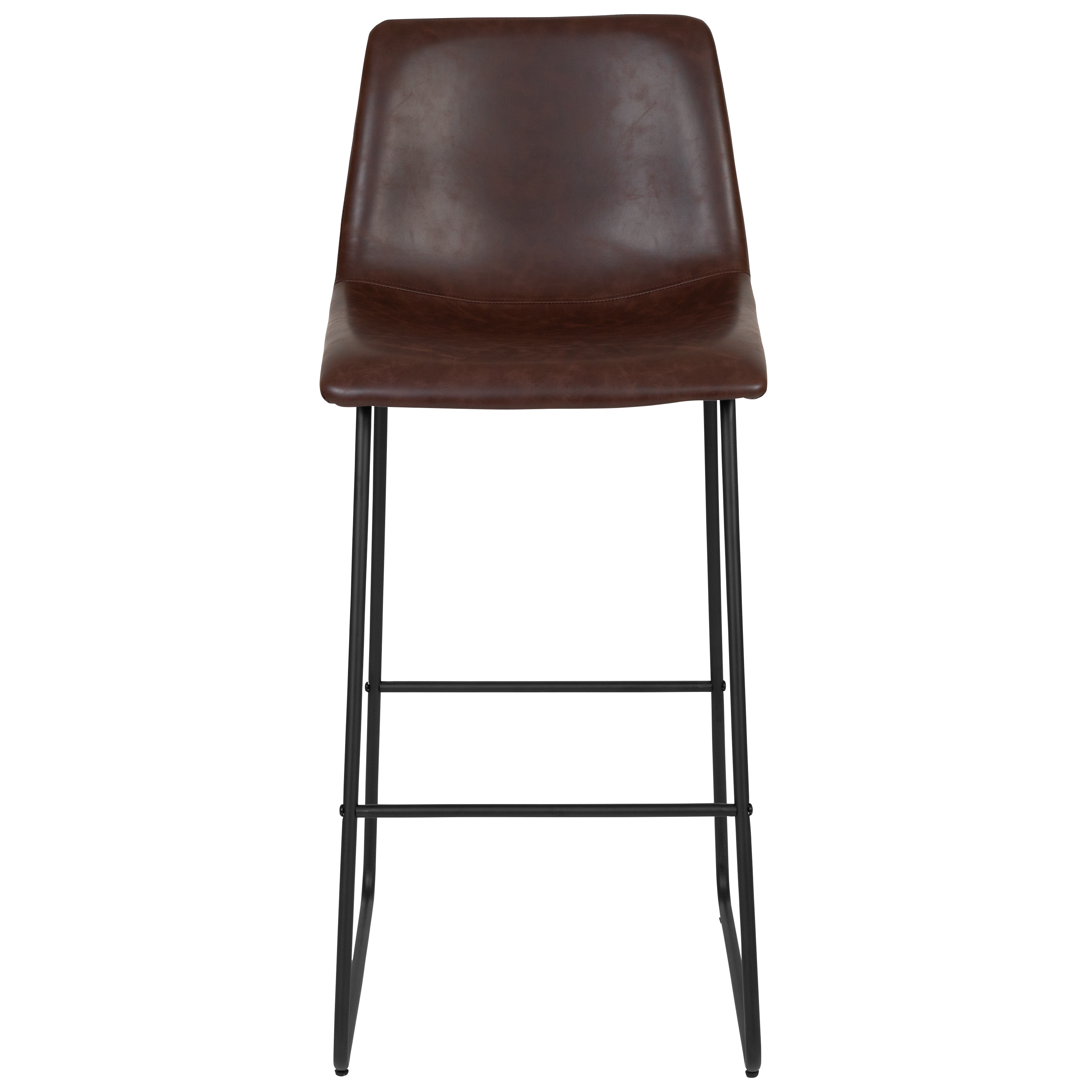 Dark Brown Leather and Metal Bar Height Stools, Set of 2