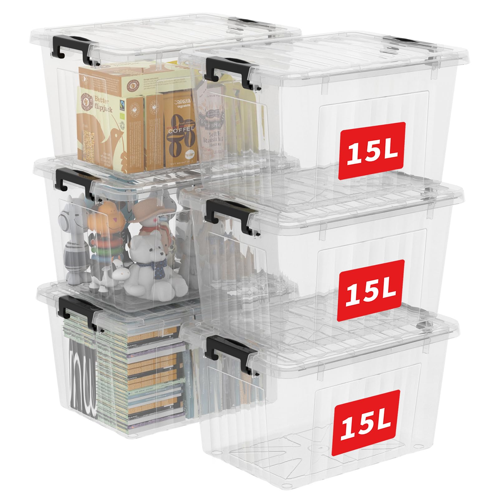 AKSCYZM  18 Quart Plastic Storage Bins Set of Six Clear Stackable Nestable Containers with Secure Latching Buckles and Durable Lids for Organizing
