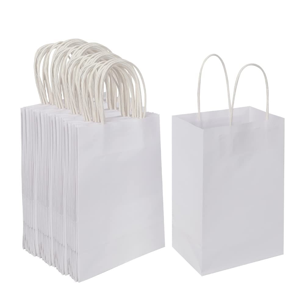Afoxsos 100 pack small white kraft paper bags with handles 5 point 25 x 3 point 25 x 8 point 25 inch for gift party favor shopping retail #L05AF07049