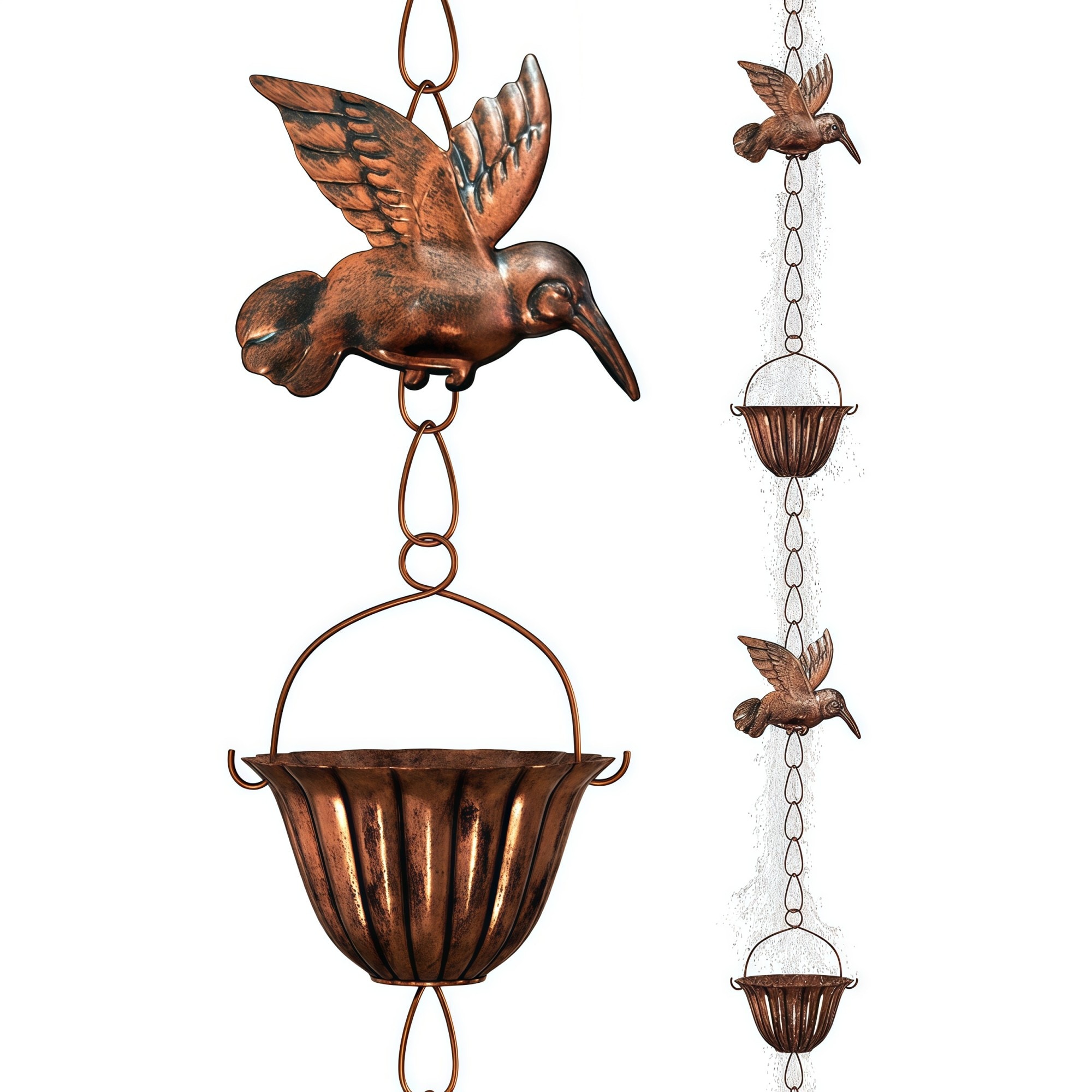 Numhew 8.8ft L 6-Cup Metal Hummingbird Vintage Bronze Rain Chain Adjustable Outdoor Downspout Substitute