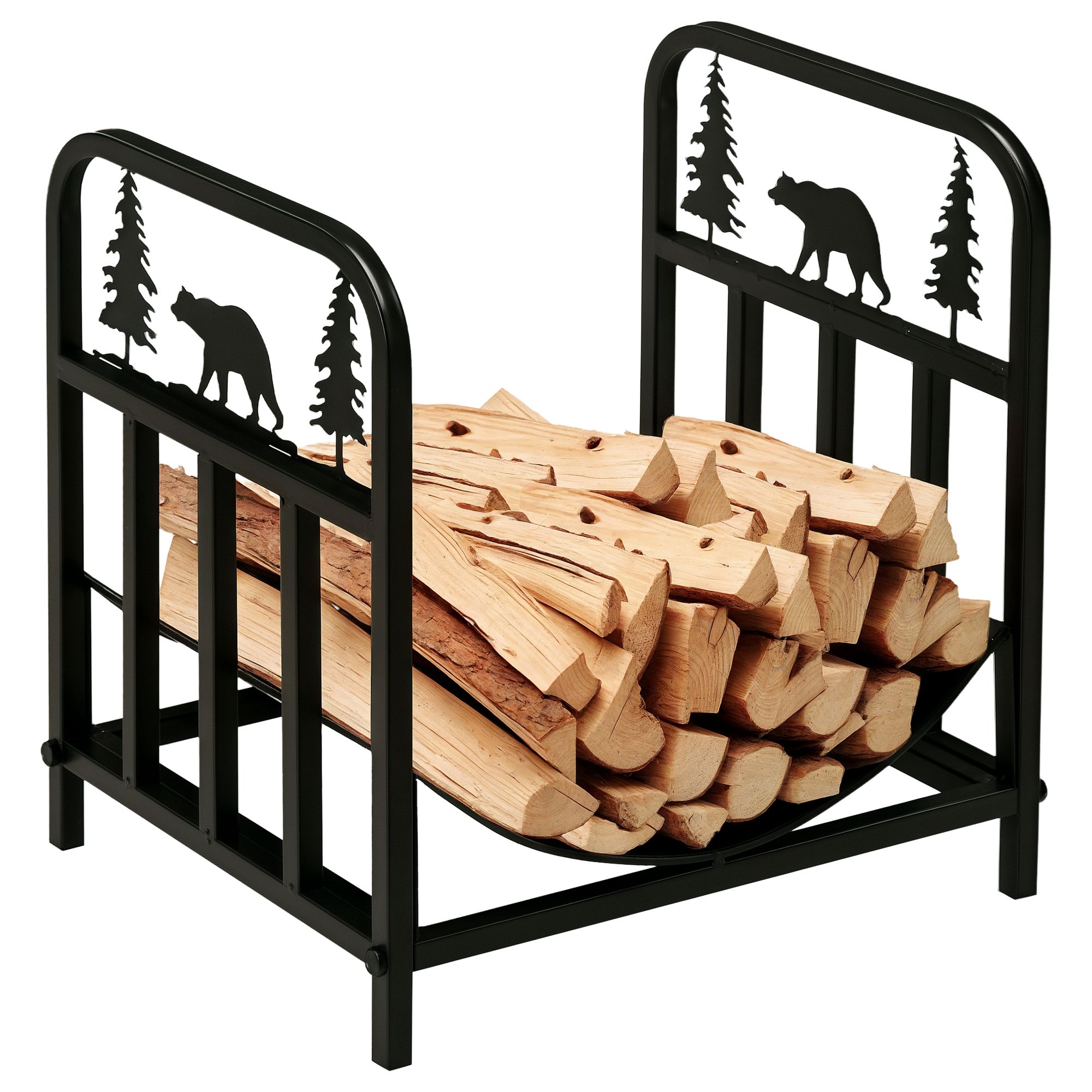 XJ-Curved Firewood Rack with Bear and Pine Tree Design 17 Inch Log Holder Storage Rack with 110 lbs Capacity Black
