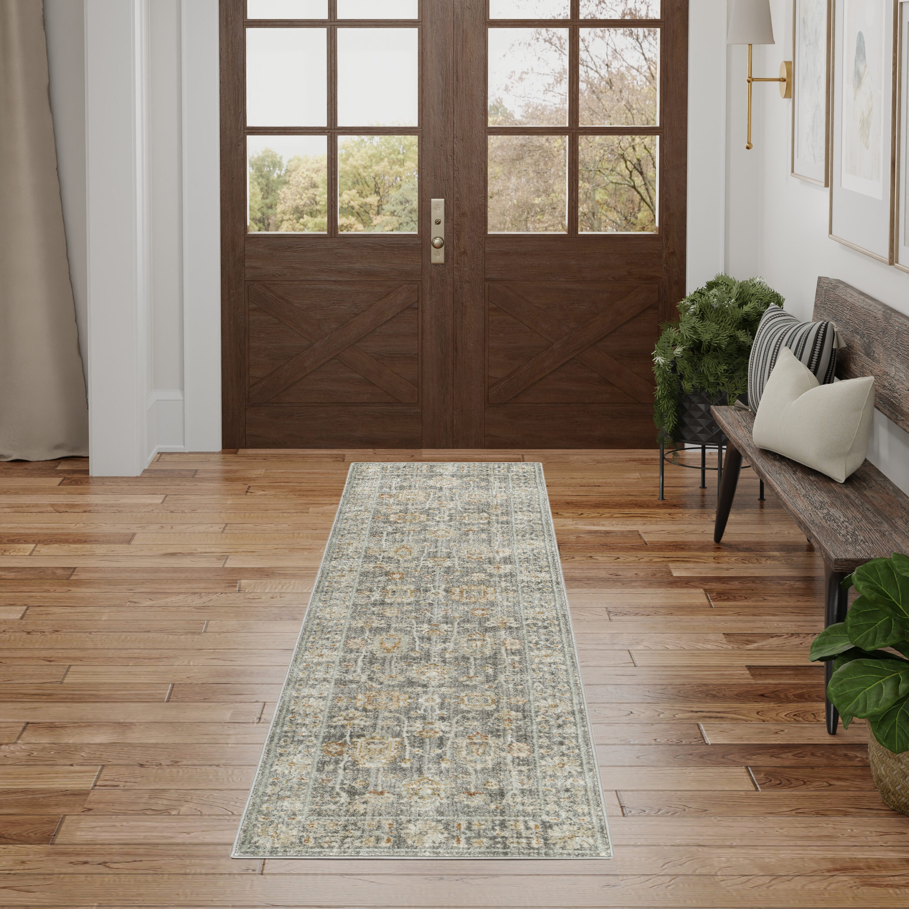 Nourison 099446936882 Traditional Home 2 x 8 (ft) Loomed Polypropylene Grey Rectangular Indoor Floral/Botanical Area rug