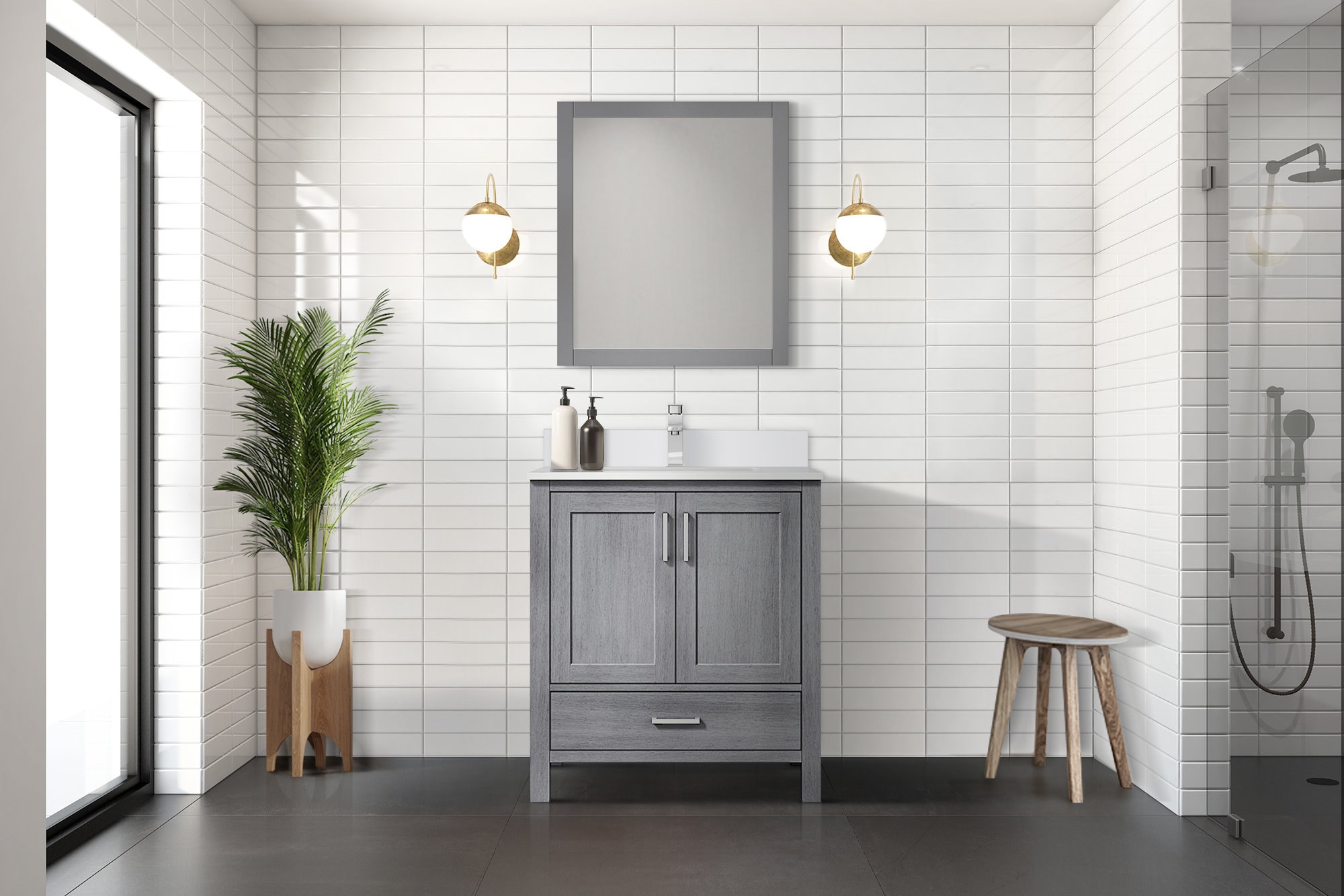 Lexora LVJ30SD310 Jacques 30-in Distressed Grey Undermount Single Sink Bathroom Vanity with White Cultured Marble Top (Mirror Included)