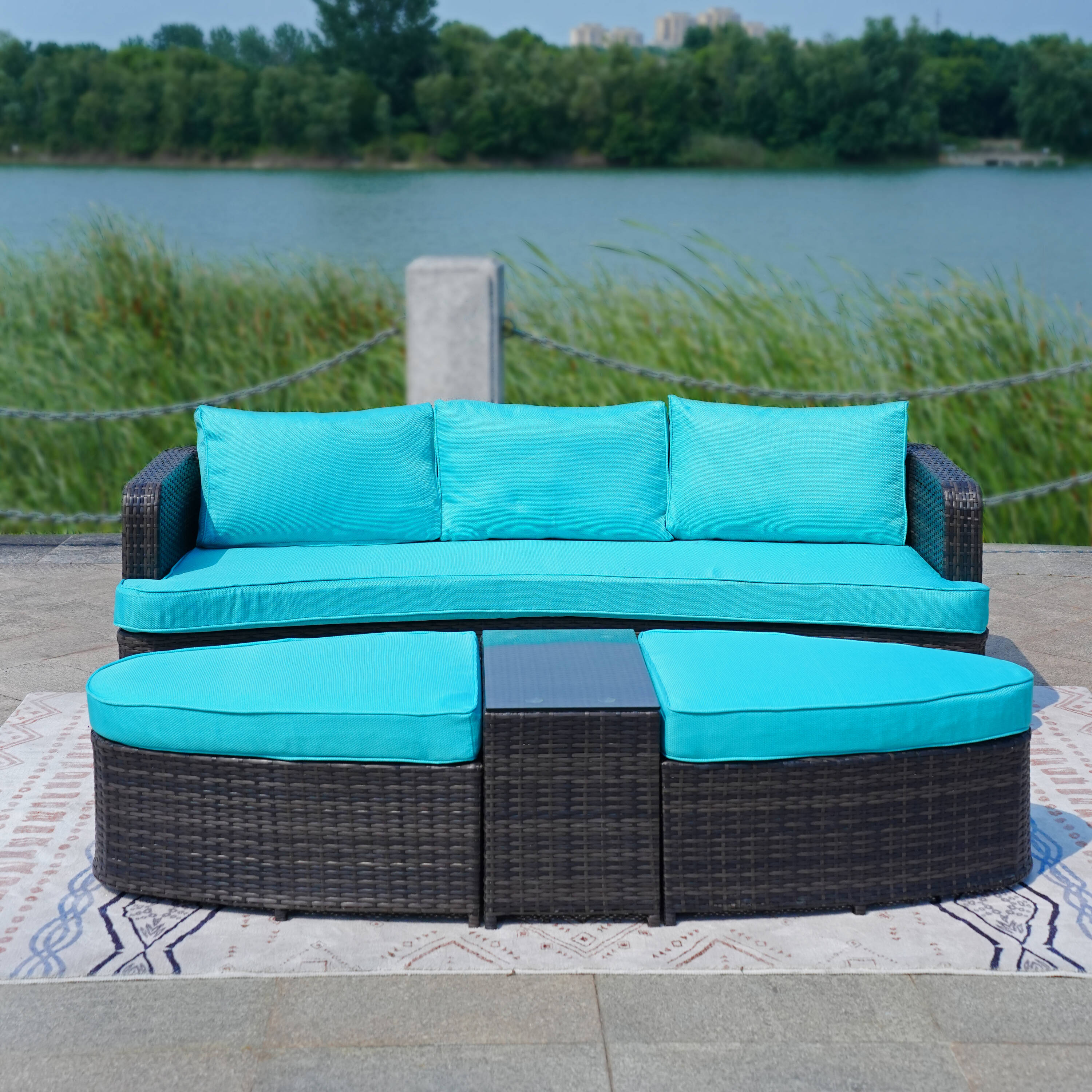 Moda Furnishings PAL-1202BR-CYAN 4 -Piece Wicker Patio Sofa Conversation Set with Blue Cushions