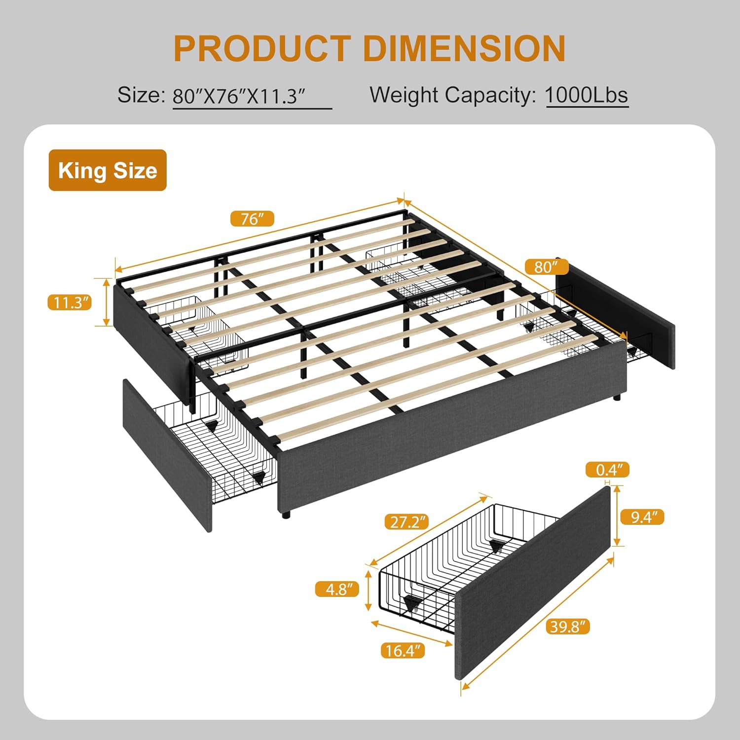 Qeetex DUKE-14YZP8D3 King Platform Bed Frame Fabric Upholstered with 4 Storage Drawers No Box Spring Needed Wooden Slats Support Noise Free Easy Assembly Dark Grey