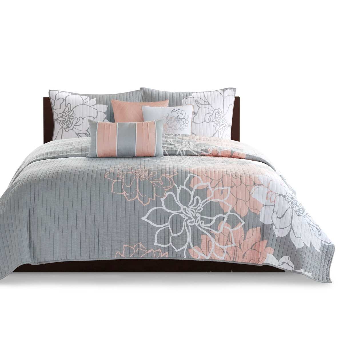 Vynxaria LEXY1515-DJWS-CP282 Series gray Peach Transitional Floral Print Cotton with Cotton Fill Full Queen 6 Piece Printed Quilt Set with Throw Pillows Blanket