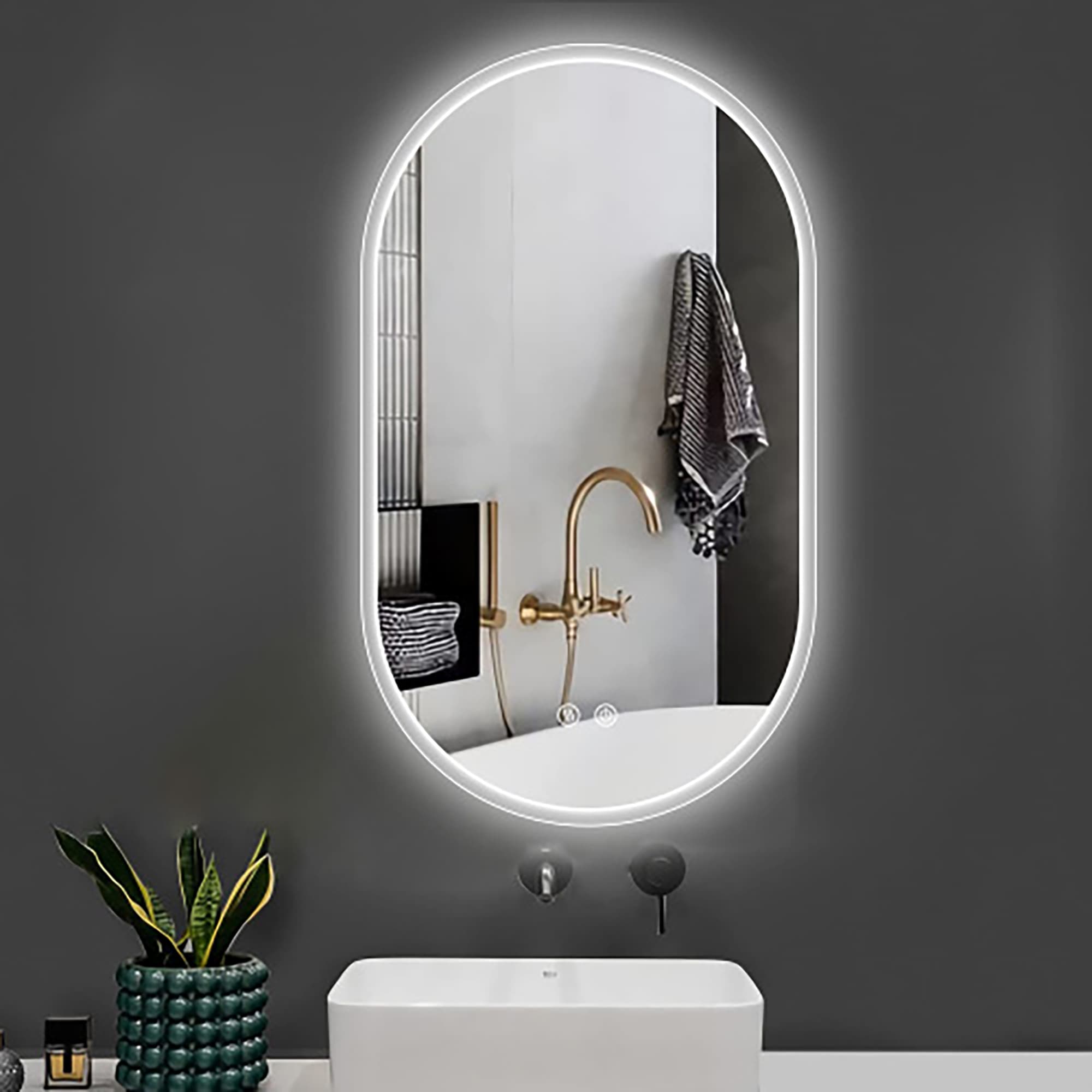 WELLFOR ALMR-33 20-Inches x 32-Inches Beveled Frameless Oval Dimmable Lighted Fog Free Bathroom Vanity Mirror ( Silver )
