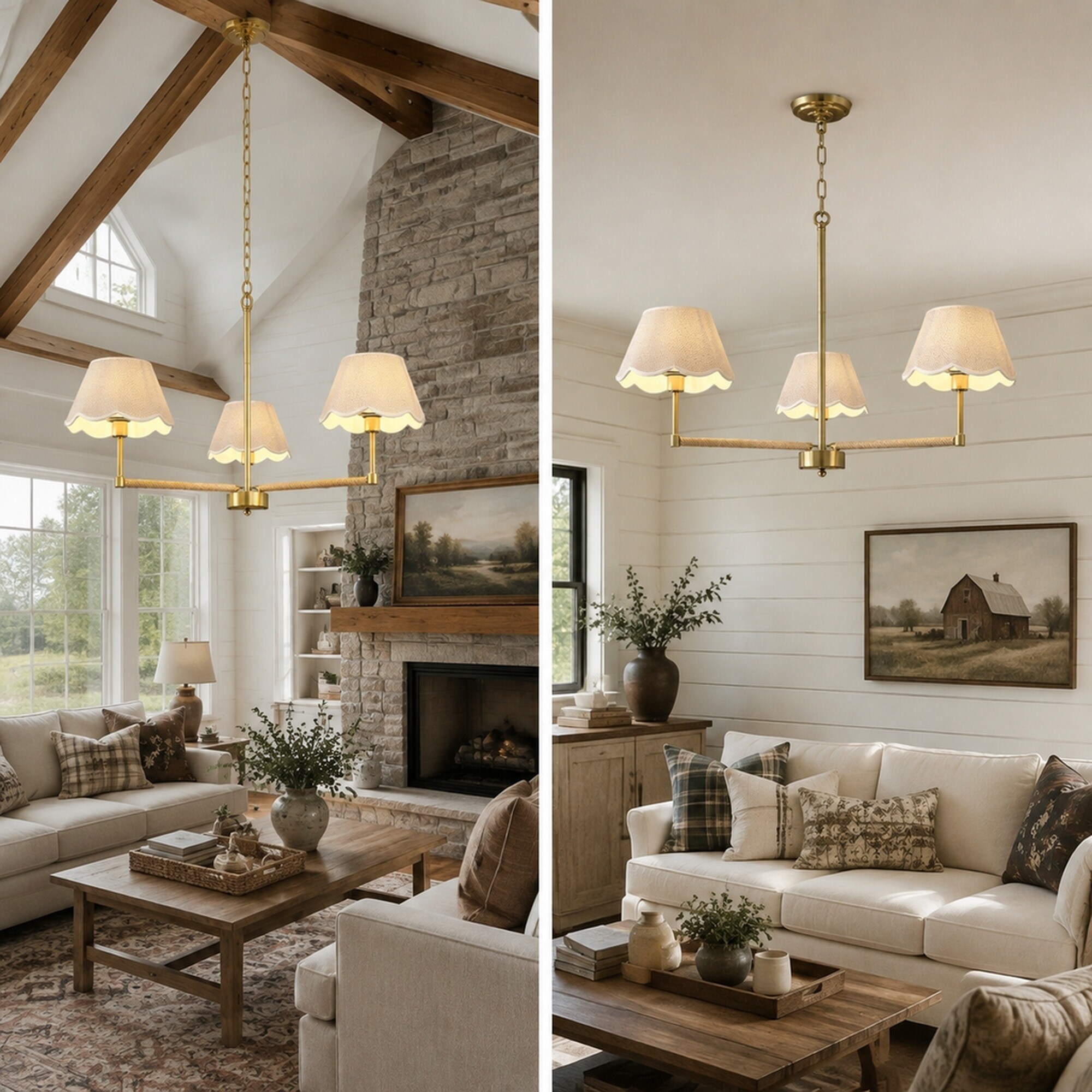 xersbav Gold Rustic Farmhouse Chandelier with Fabric Shade Bohemian ...