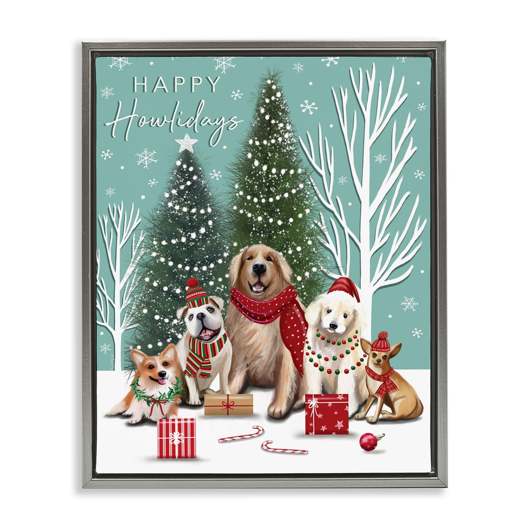 Stupell Industries BT-532-FFL-24X30 Festive Winter Dogs Scene Gray Framed Floater Canvas Wall Art By Elizabeth Tyndall 25 x 31