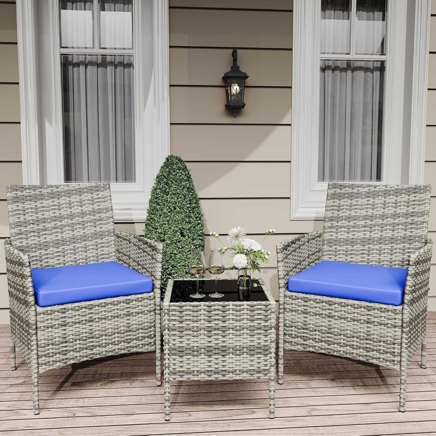 Qeetex LHF-HW-PHO-34ULTCPG 3 Piece Patio Set PE Rattan Patio Conversation Set with 2 Chairs and 1 Coffee Table Outdoor Patio Furniture Set for Patio Front Porch Balcony Bistro - Grey