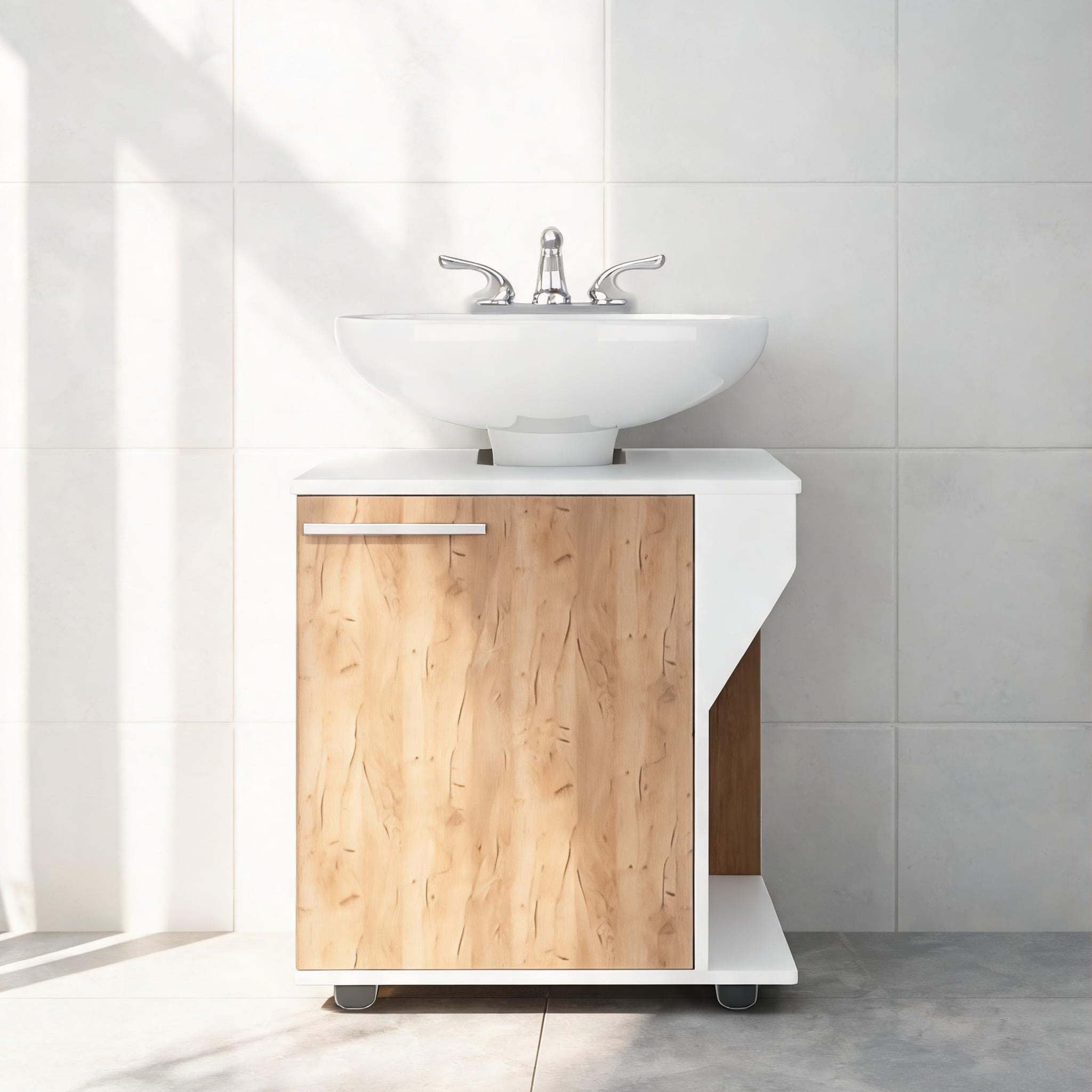 Watnature - Storage-focused white finish particle board under sink cabinet 24.4 inch modern desig...