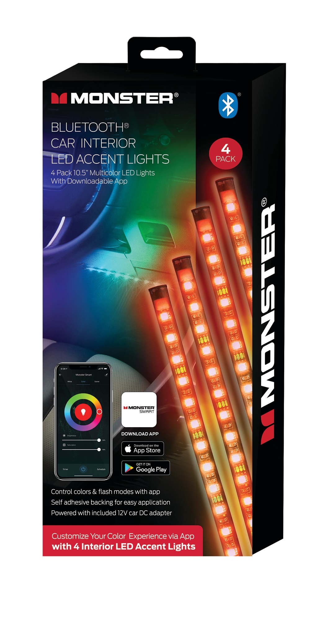 Monster Smart App Controlled LED Light Strips for Car Interior - 4