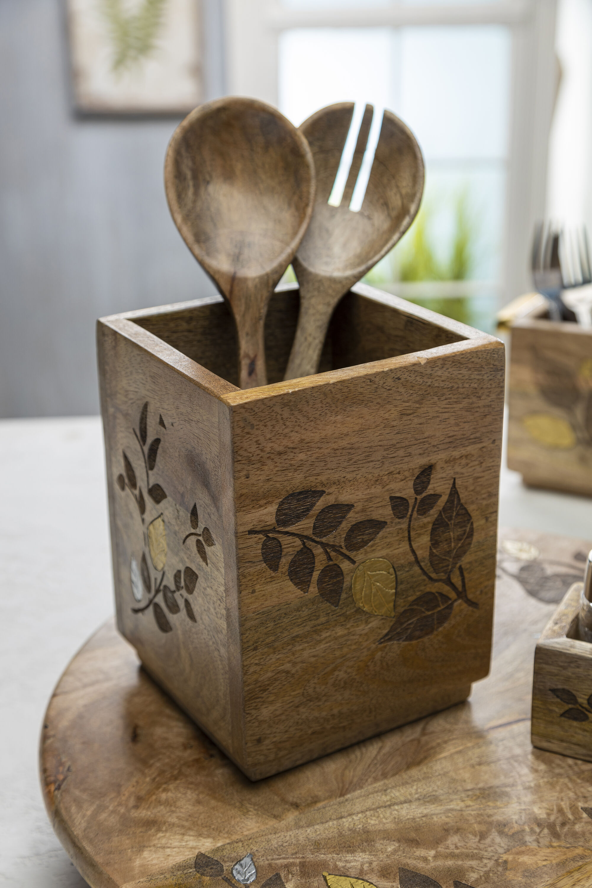 Natural Wooden Kitchen Utensil Holder with Bottle Opener & Storage