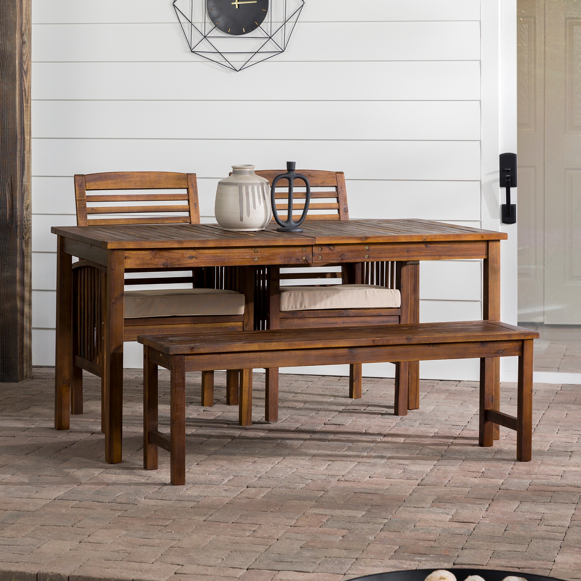 Walker Edison LWW4SDTDB 4 -Piece Dark Brown Patio Dining Set Wood Rectangle Table with 2 Tan Cushions Stationary Chairs