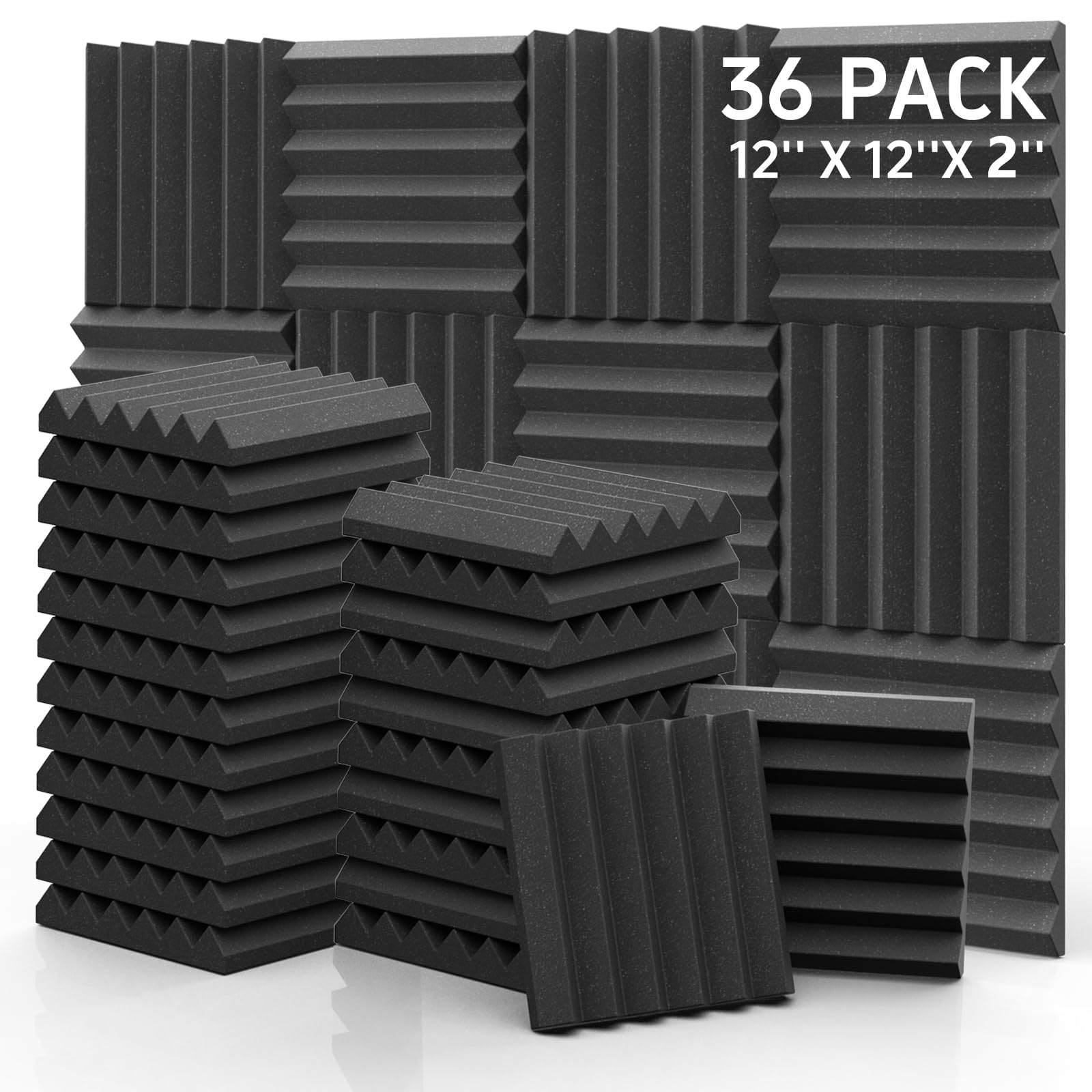 Lukvuzo  Acoustic Foam Panels 12 x 12 x 2 Inches 36 Pack Wedge Shape Sound Absorbing Studio Wall Ceiling Padding Black durable