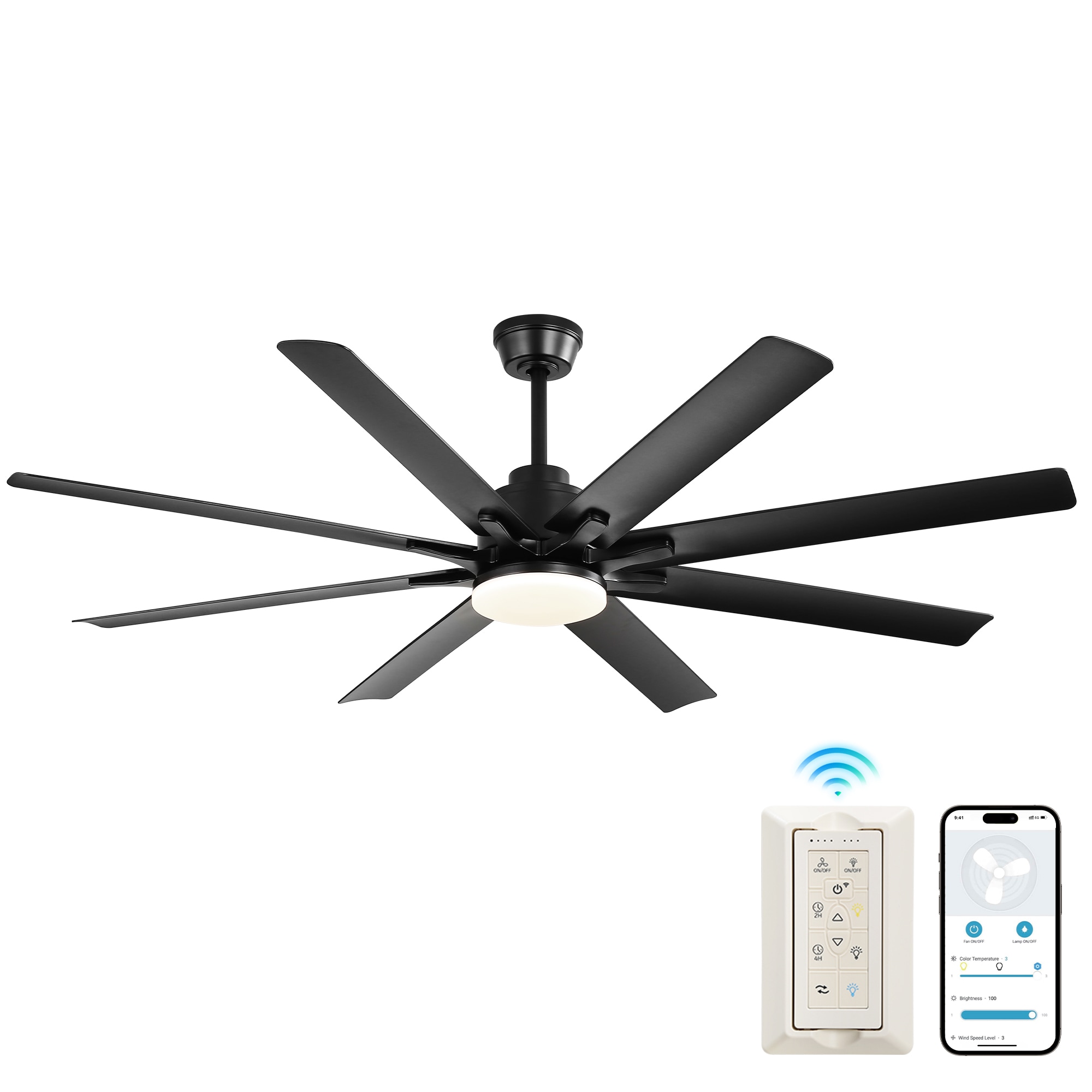 SINOFURN SYD130011WT 52-in Color-Changing Integrated LED Outdoor Smart Black with ABS Blades Ceiling Fan With Light - Remote Included ( 8 -Blade )