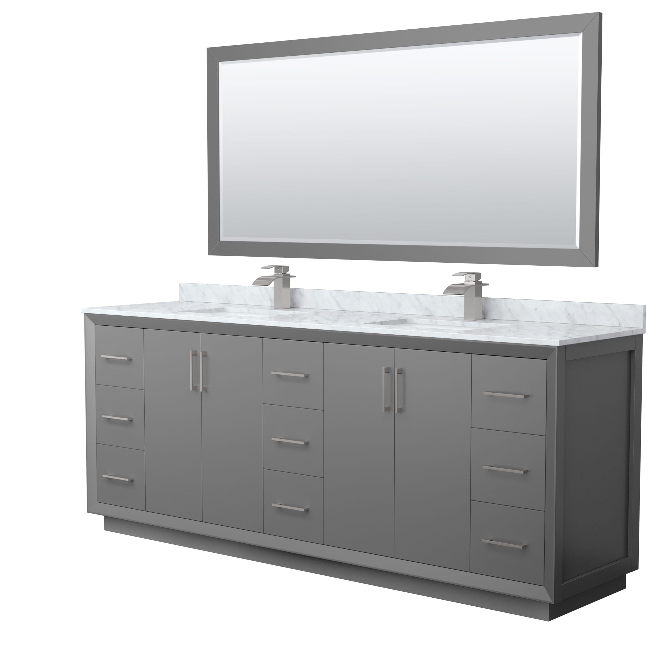 Wyndham Collection WCF414184DKGCMUNSM70 Strada 84-in Dark Gray with Brushed Nickel Trim Undermount Double Sink Bathroom Vanity with White Carrara Marble Natural Marble Top (Mirror Included)