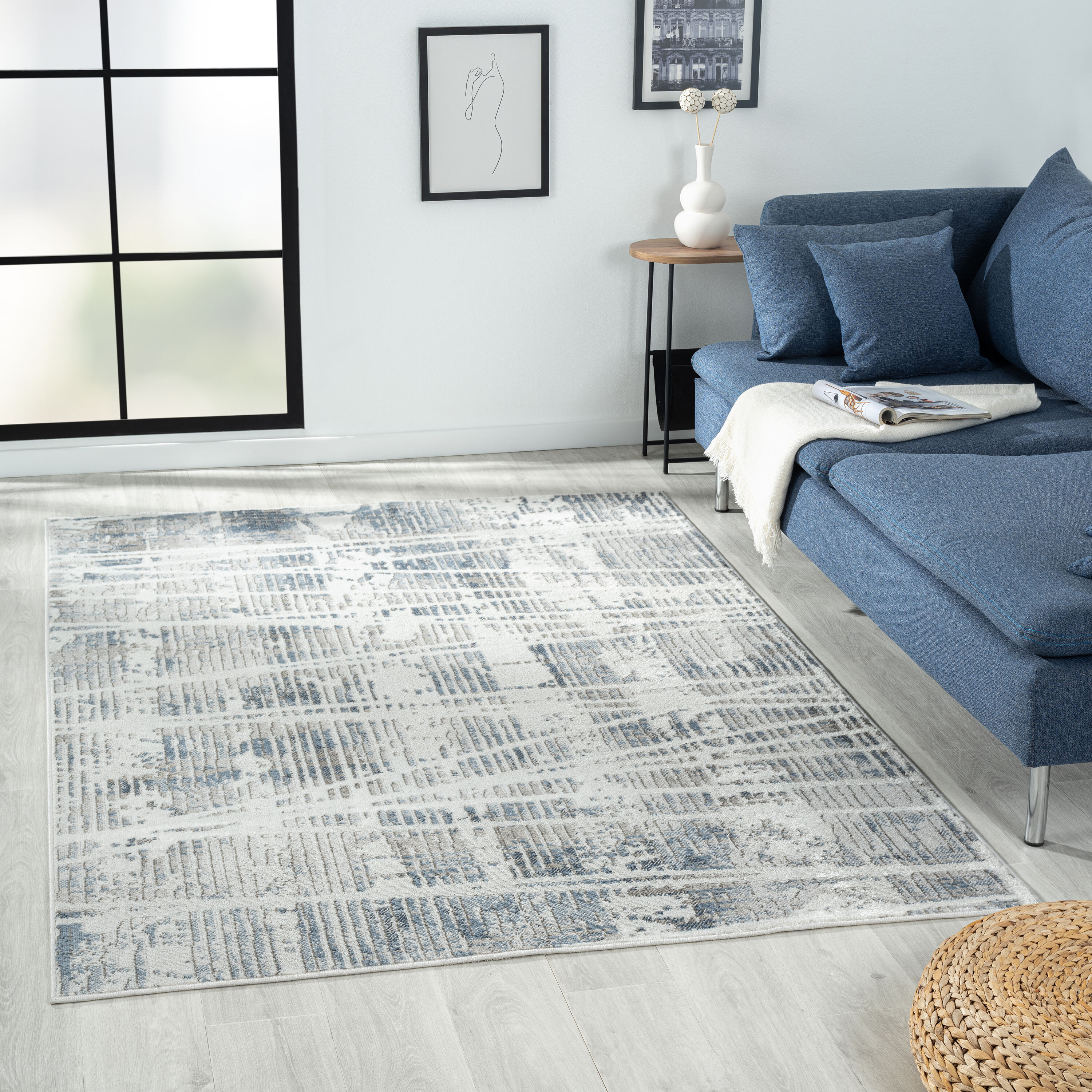 LR Home 9865A1590304J8 Calixta 8 x 10 (ft) Loomed Polypropylene Blue/ Cream Rectangular Indoor Abstract Area rug