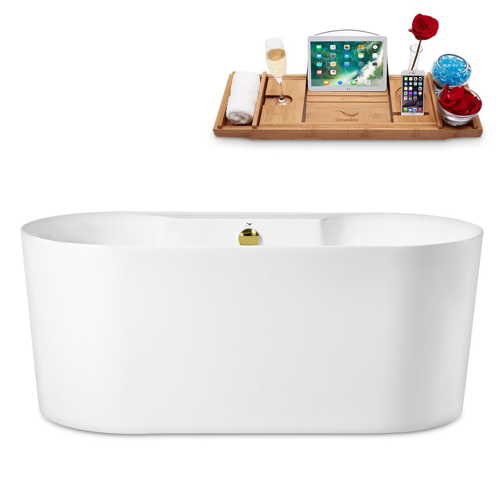 Streamline N2120GLD 27.6-in x 59.1-in Glossy White Acrylic Oval Freestanding Soaking bathtub with Drain ( Center Drain )