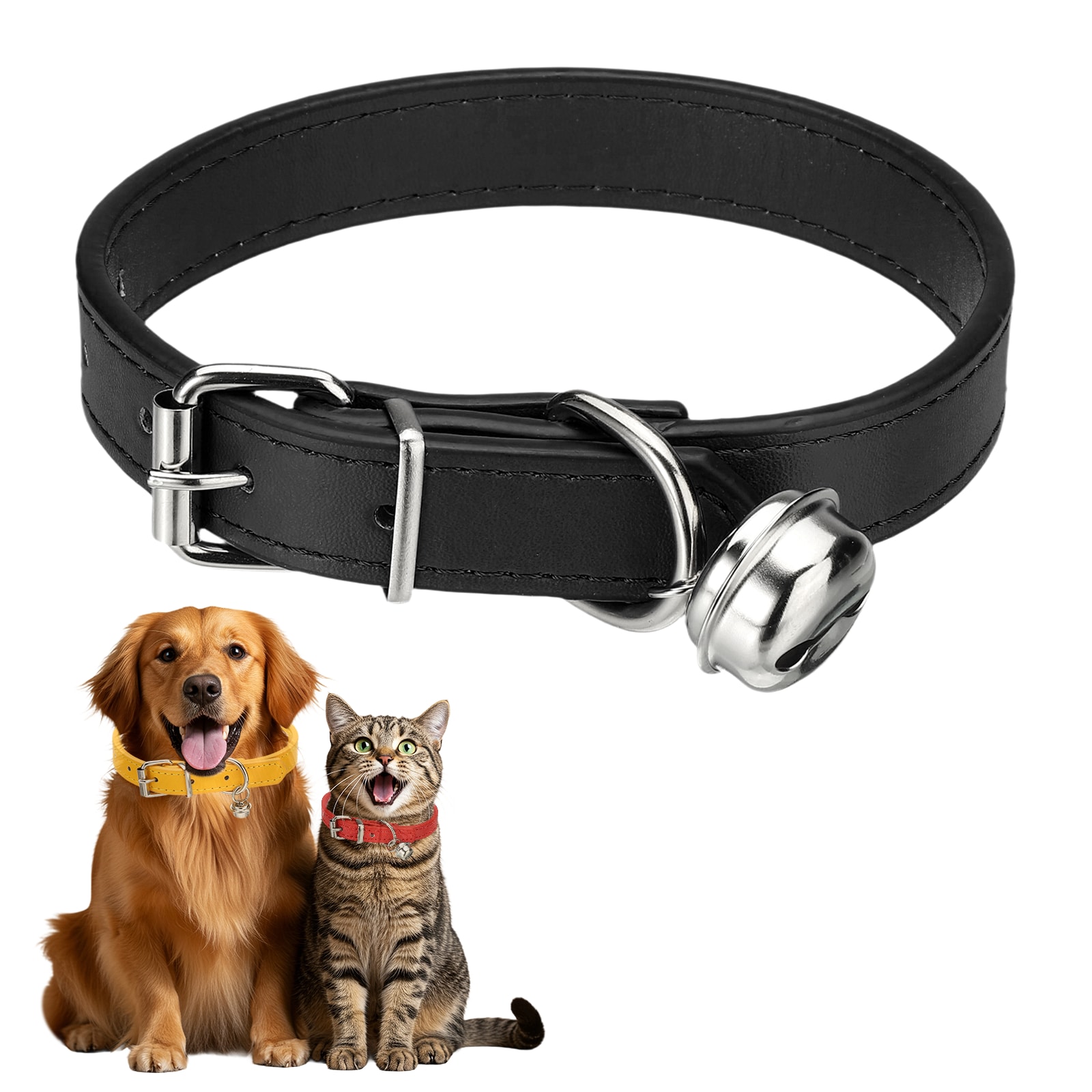 Unique Bargains Dog Collar with Bell Pu Leather Cat Collars Pet Basic Soft Padded Adjustable Buckle 16inch (Black 1pc) Intended for Teacup / Little Dog / Kitten Cats / Small Animals