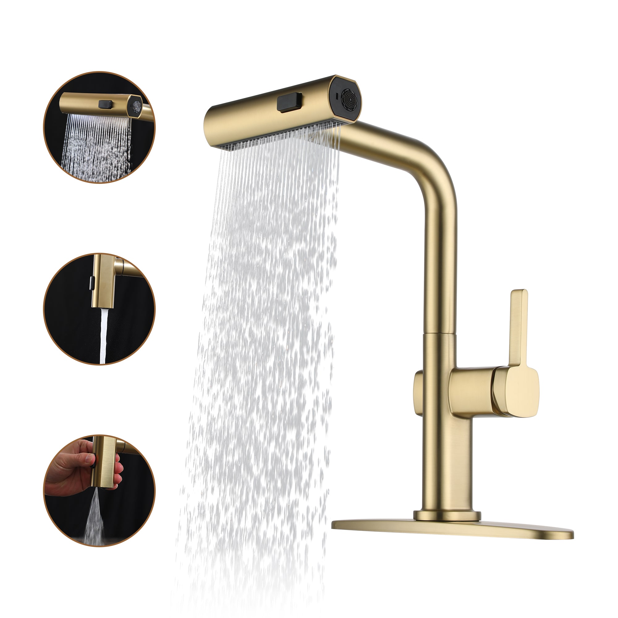 Mondawe MD-D83-BN Brushed Gold Single Handle Deck-mount Pull-out Kitchen Faucet with Sprayer ( Deck Plate Included )
