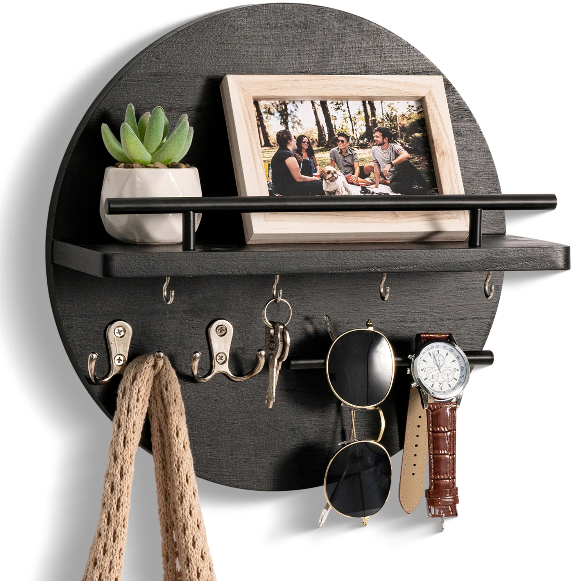 AOIZGMY  Wall Mounted Key Holder with Shelf and Hooks Circular Design Rustic Home Decor Black durable home and garden accessory designed for