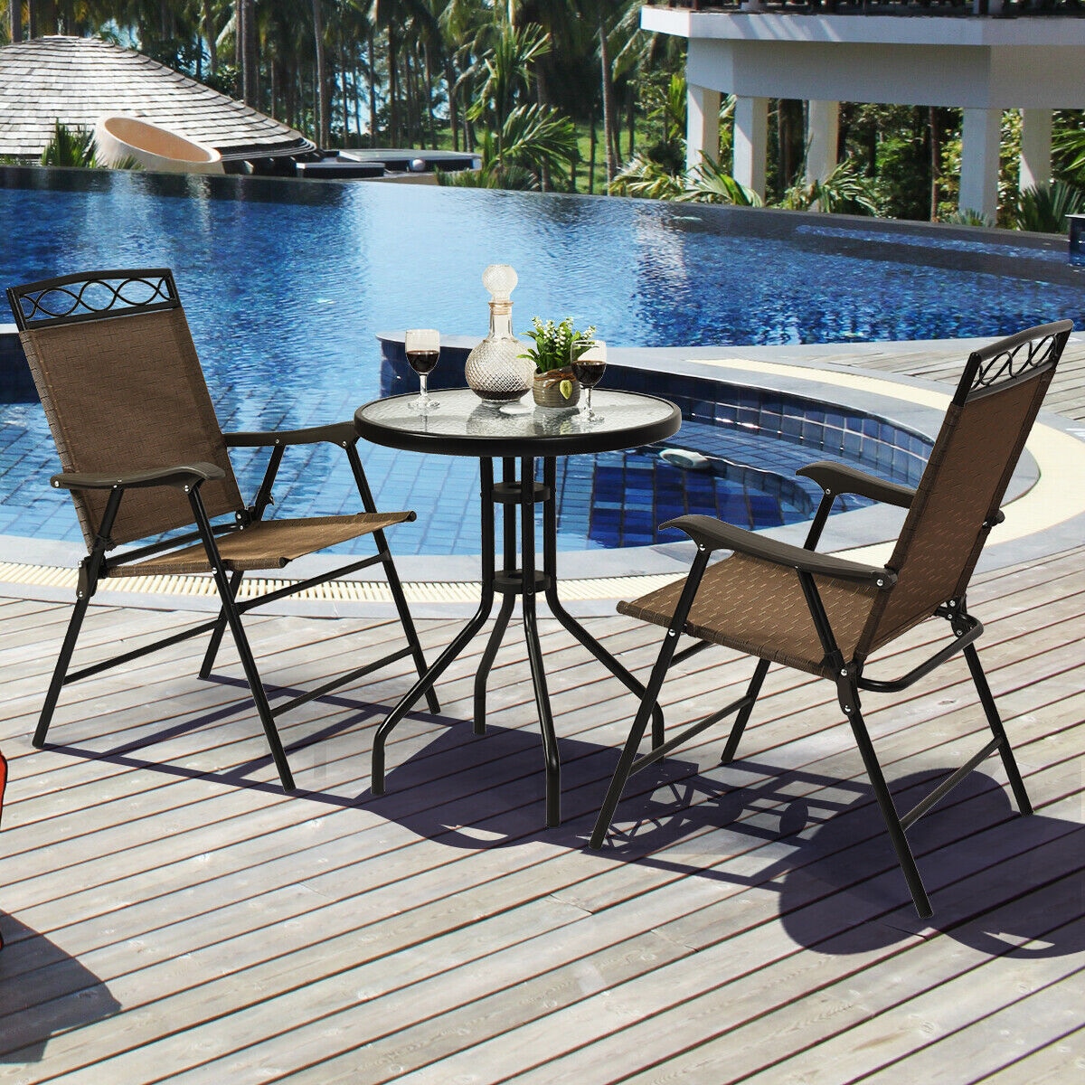 Forclover HYFE-3499LS Patio Dining Sets 3 -Piece Black Bistro Patio Dining Set Steel Round Table with 2 Brown Stationary Chairs