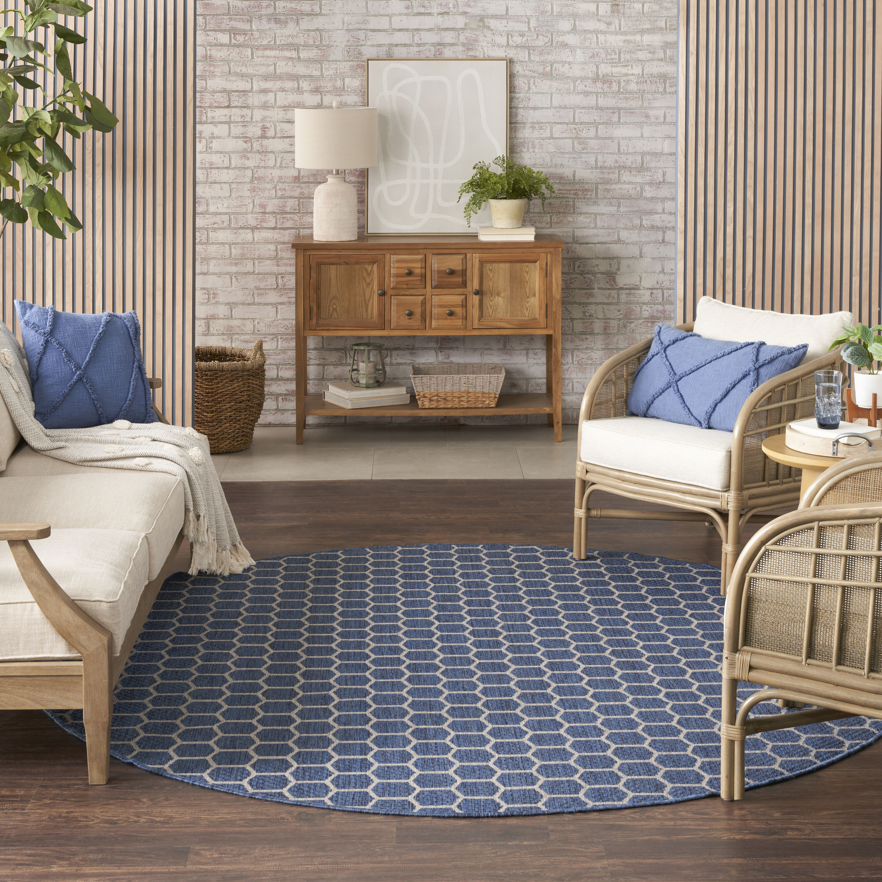 Nourison Home 099446974068 Reversible Indoor Outdoor 8 x 8 (ft) Polyester/Polypropylene Blue Round Indoor/Outdoor Geometric Area rug