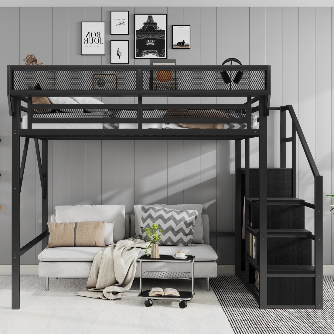 CHITA Full Size Modern Loft Bed with Built In Wardrobe Built In Desk Storage Stairs Guardrails for Kids Bedroom and Small Spaces Black