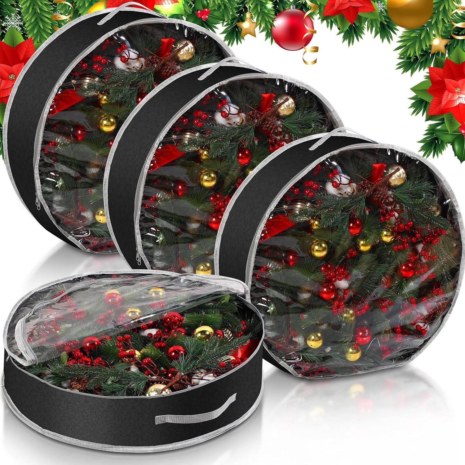 Misopily 4 Pack Black Wreath Storage Bags 30 x 30 x 7.8 Inch Clear Window Handle PE PVC Material for Christmas Garland Holiday Decor Storage