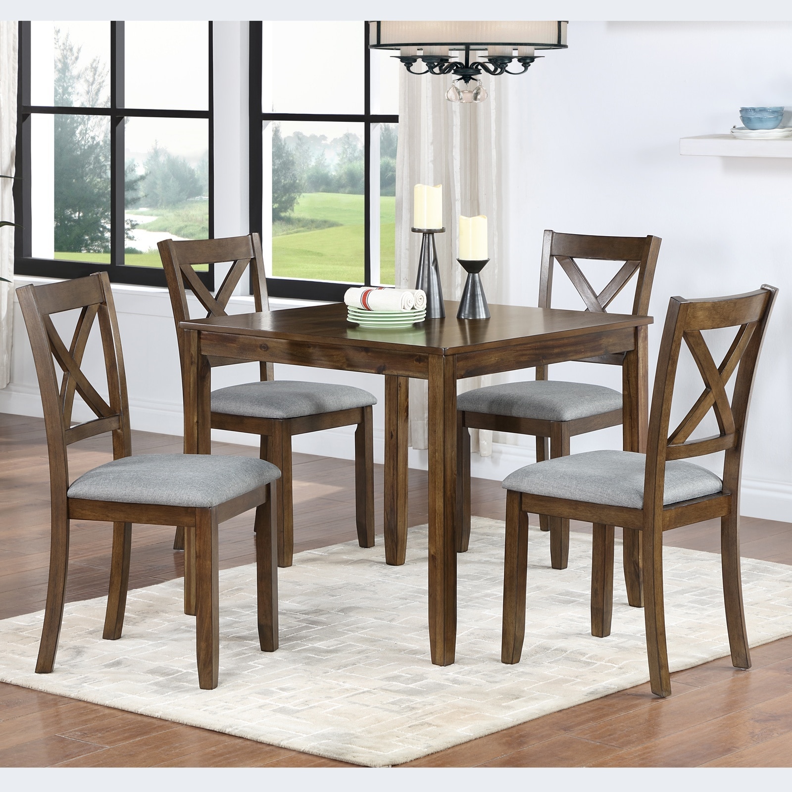 Horizons Prime - 35 inch Walnut Solid Wood 5 Piece Dining Table Set with 4 Upholstered Chairs for...