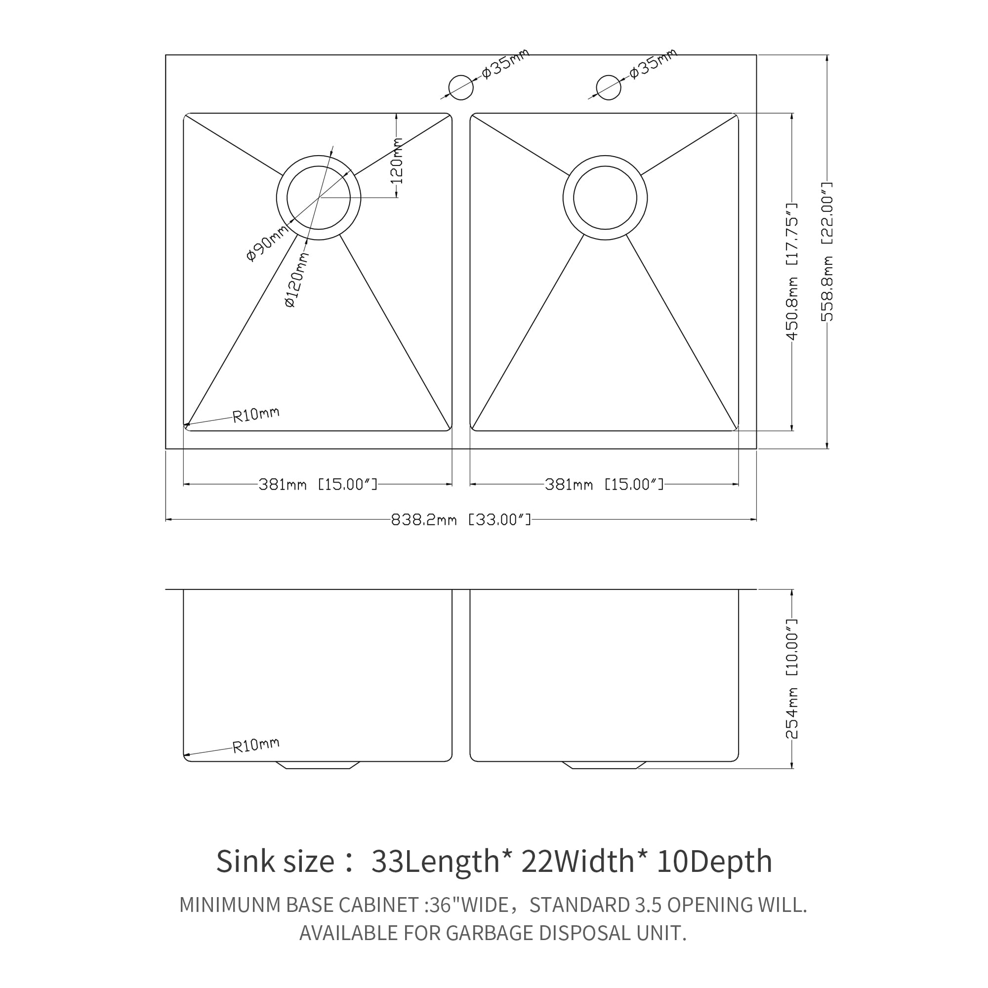 Lordear 50/50 Bowl Drop-In 33-in x 22-in Stainless Steel Double Equal ...