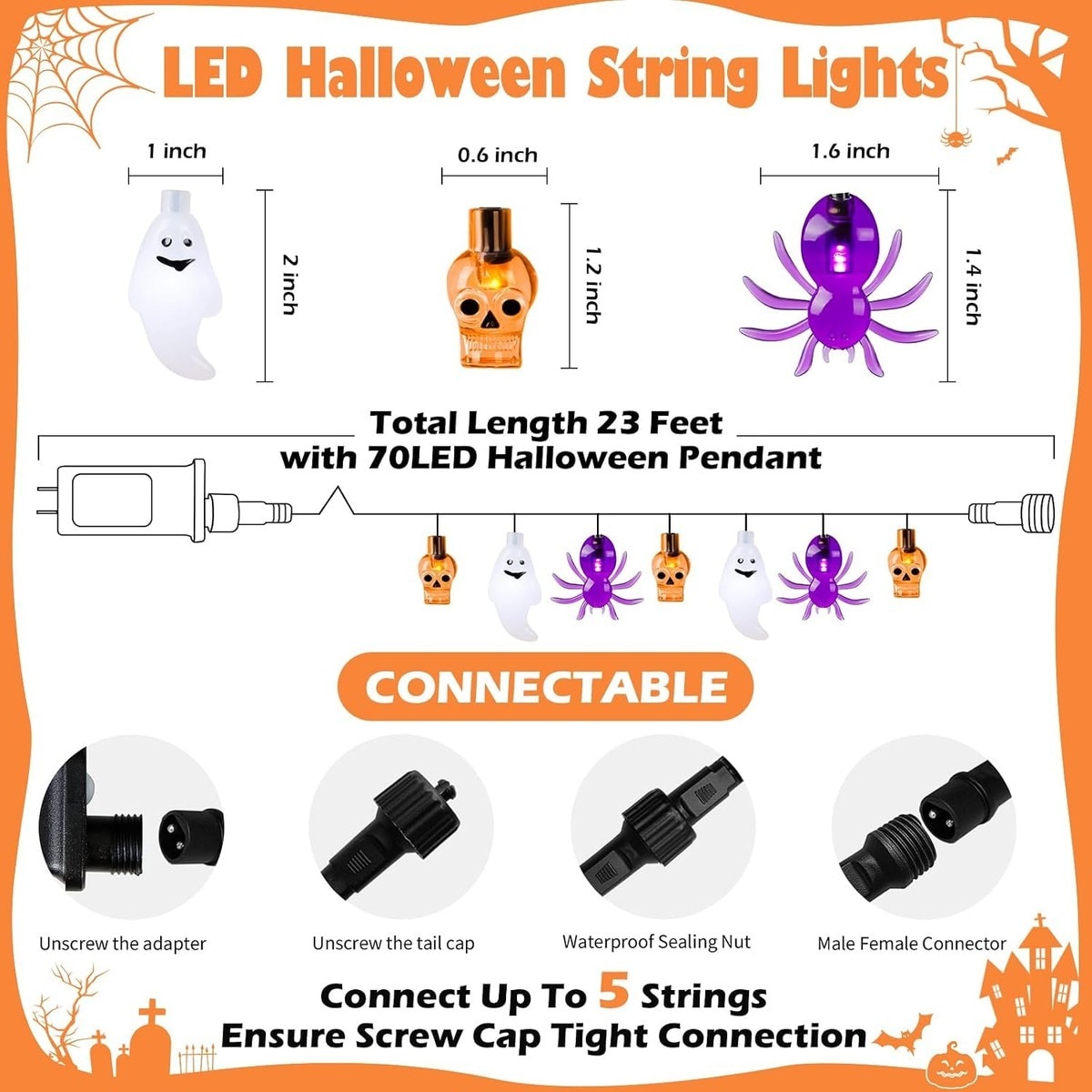 Ansunfa 70 LED Halloween String Lights 22.6 ft Skull Ghost Spider Plug ...