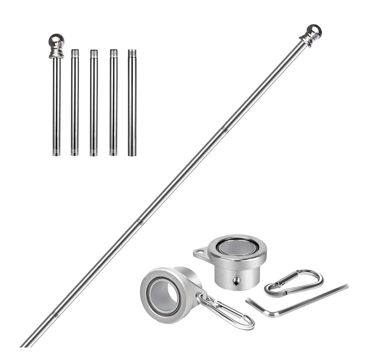 Afoxsos 6 Foot Stainless Steel Flag Pole Kit 1 Inch Diameter 0.6mm Thick Rust Free Adjustable Tangle Free with Aluminum Alloy Rings for Outdoor House Yard Garden 1 Piece