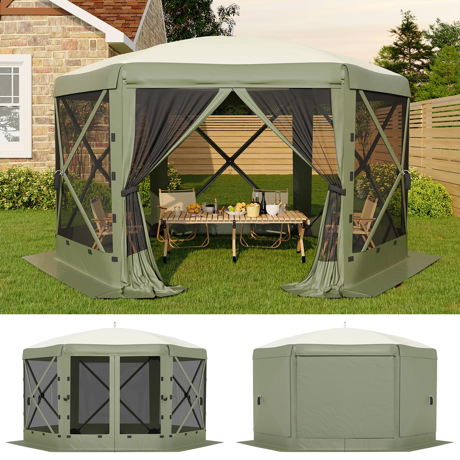 Garvee 11.5x11.5FT 6 Sided Pop-Up-Gazebo With Convertible Roof Hexagonal Canopy Tent Built With Mesh Top And 6 Wind Cloths Portable Screen House With Waterproof Uv Defend For Camping Backyard Leisure And Night Stargazing