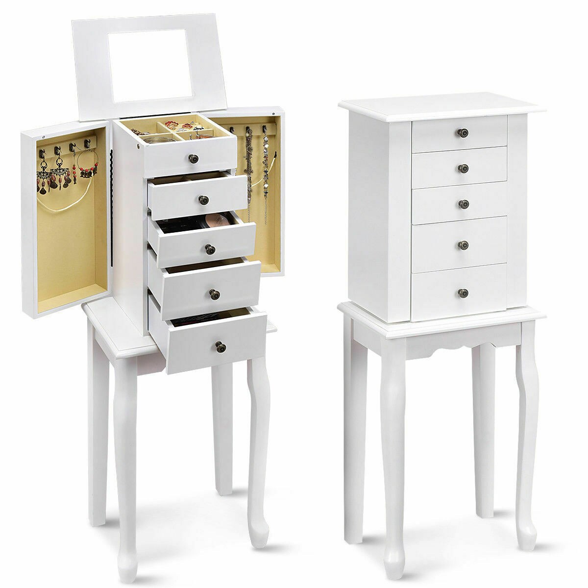 Vintage Jewelry Armoire Cabinet Chest Storage Box Organizer w/ Drawers White 