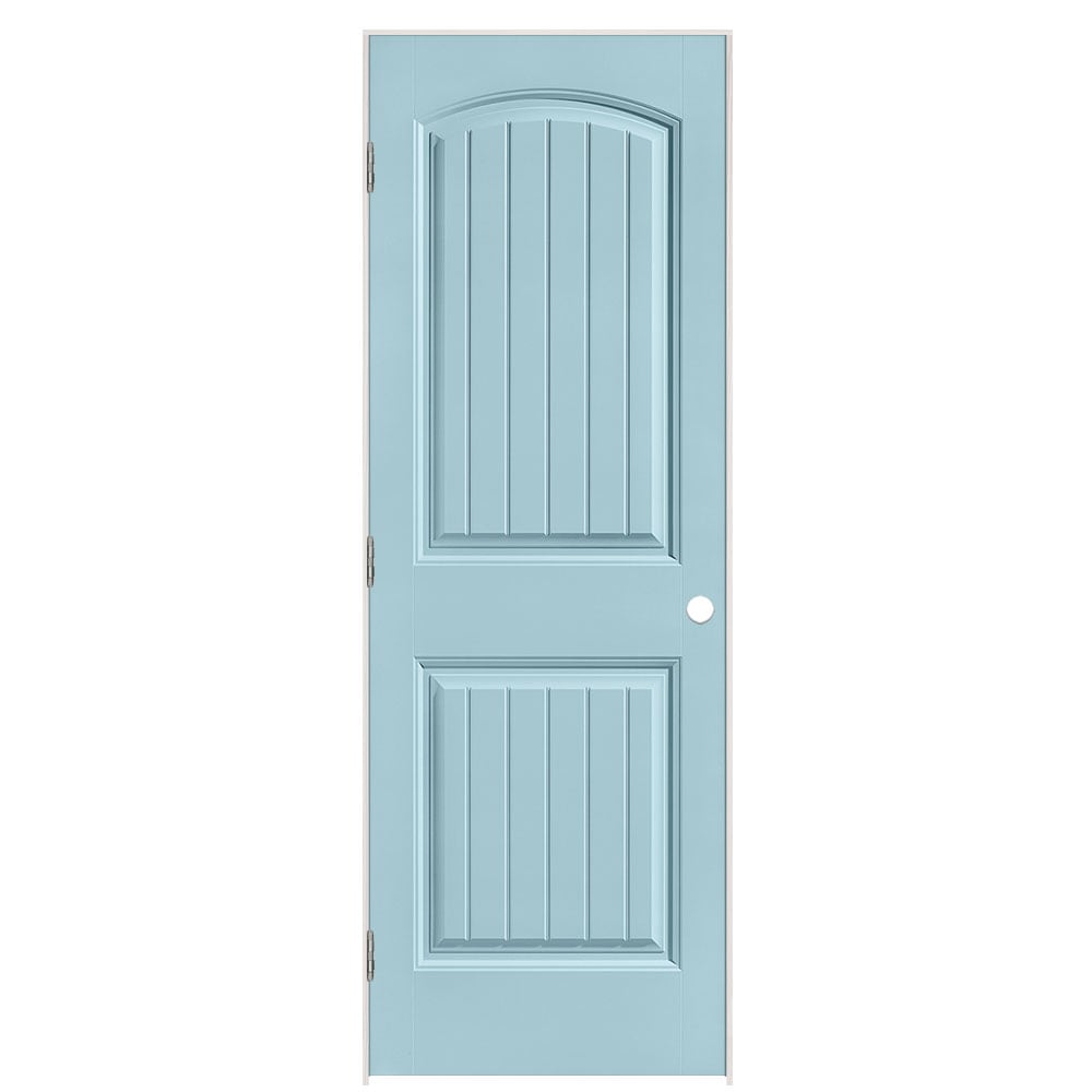 Masonite 1443778 28-in x 80-in Sea Mist Solid core 2-panel round top plank Right hand Smooth Prefinished Molded composite Flat Jamb Single Prehung Interior Door