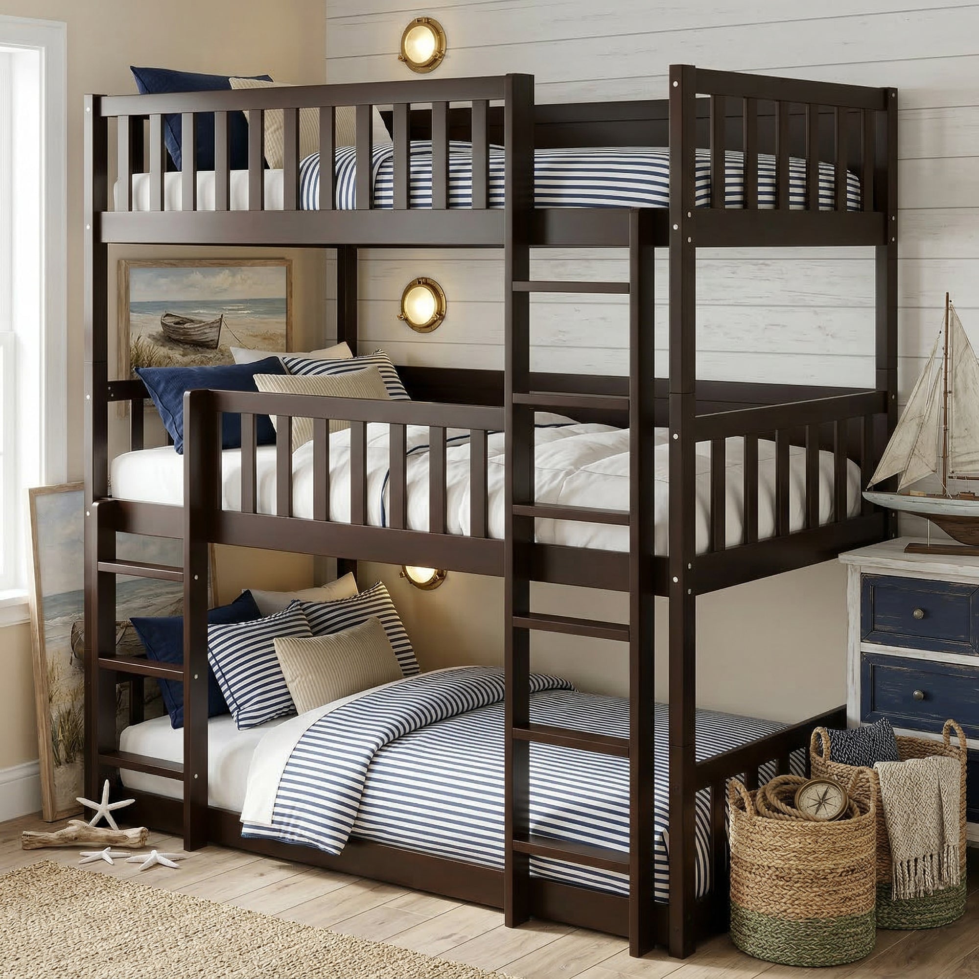 Vecelo Triple Bunk Bed Solid Wood Frame Espresso with Ladders and Safety Guardrails Space Saving Convertible Bed for Kids Teens Dorm Room