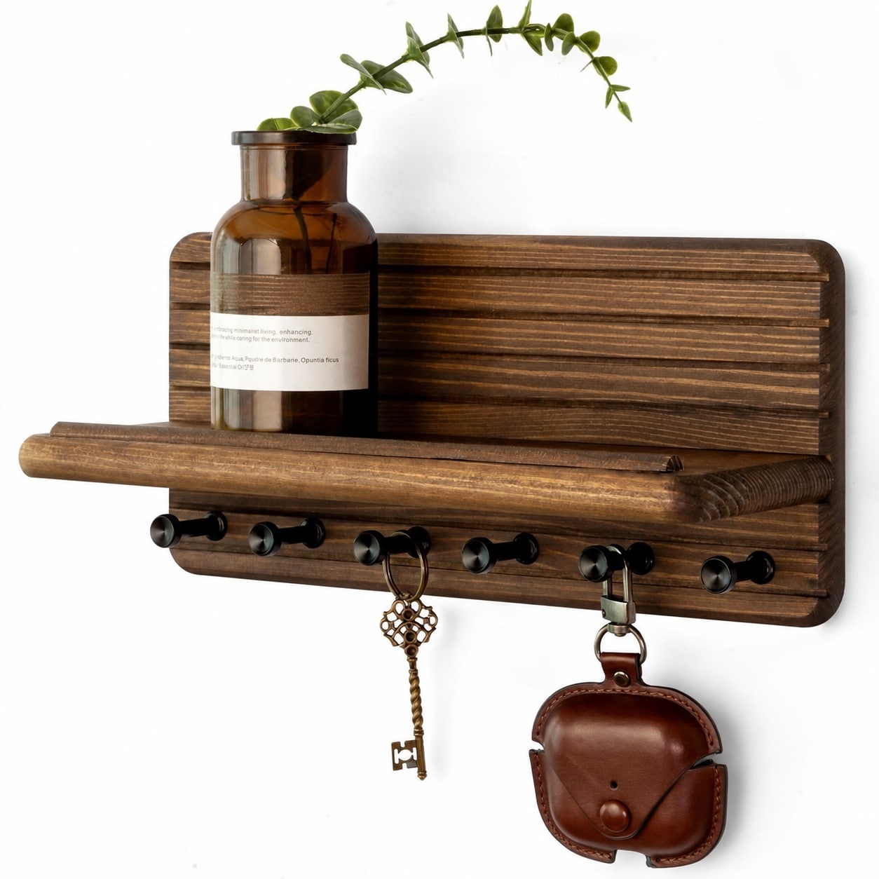 Adrinfly Farmhouse Key Holder Wall Mount Pine Wood Six Hooks Floating Shelf Rustic Brown Organizer for Entryway Bedroom Office Home Decor