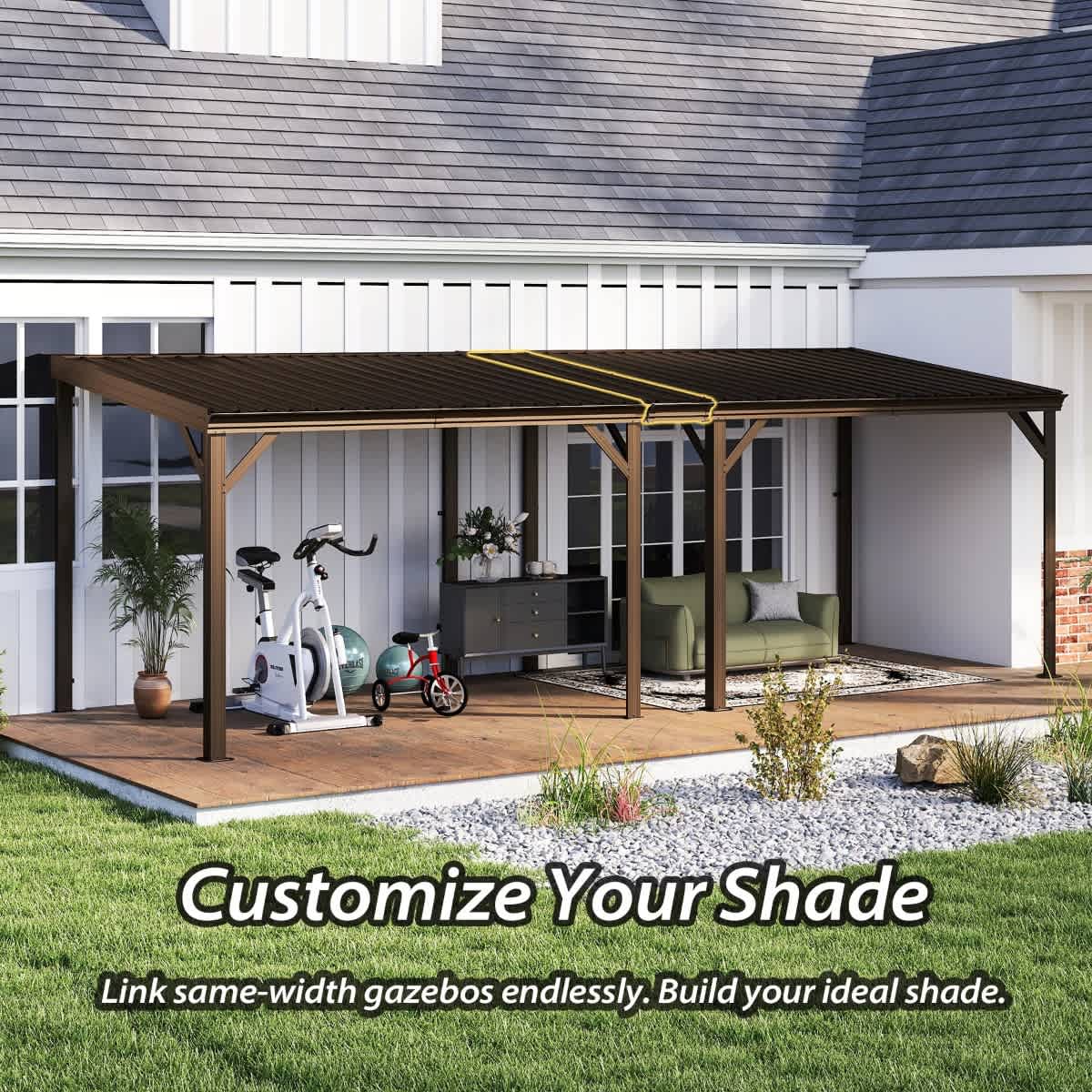 Coolbibila 10 x 16 FT Wall Mounted Hardtop Gazebo Brown Galvanized ...