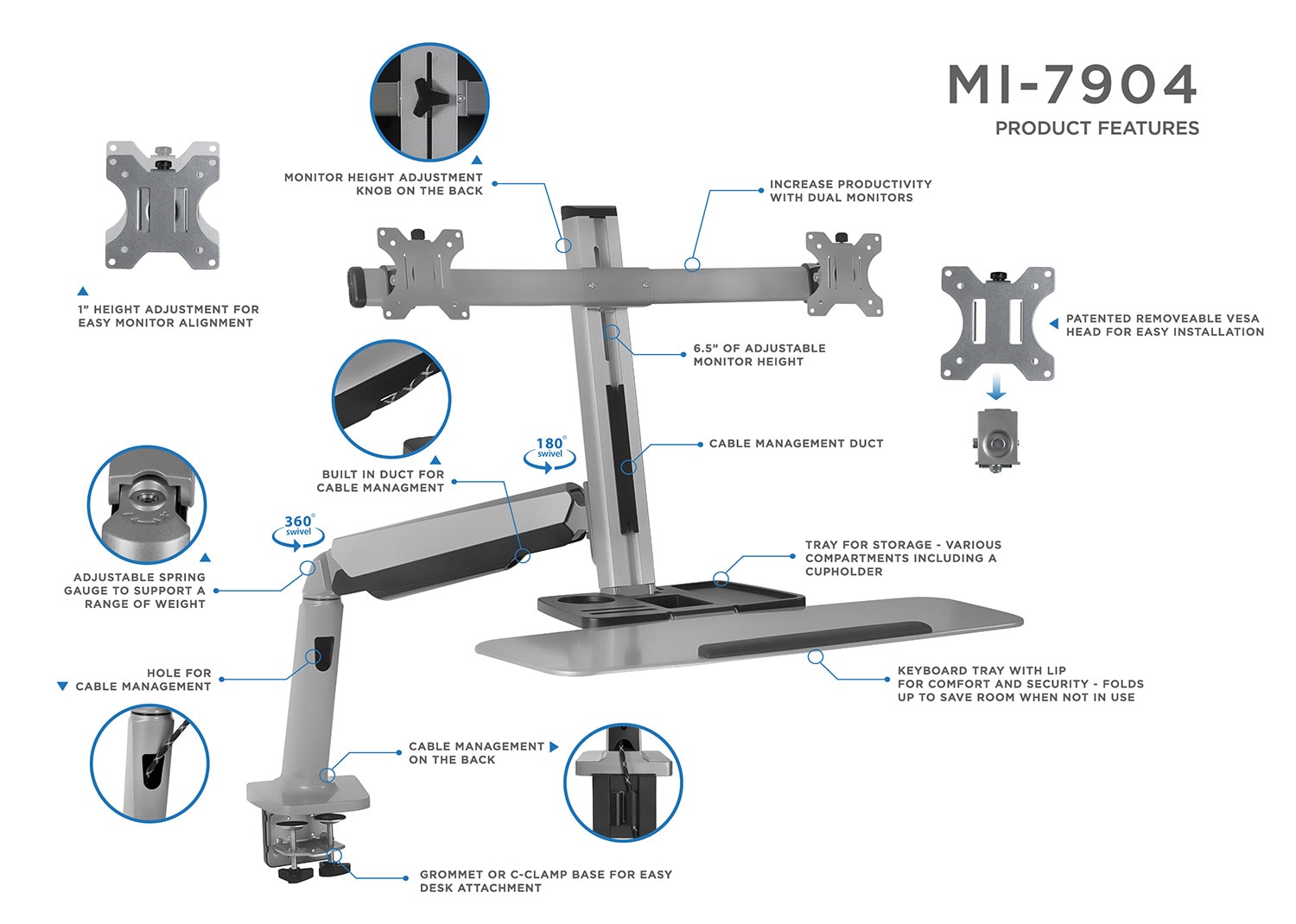 Adjustable Silver Standing Desk Converter with Dual Monitor Mount