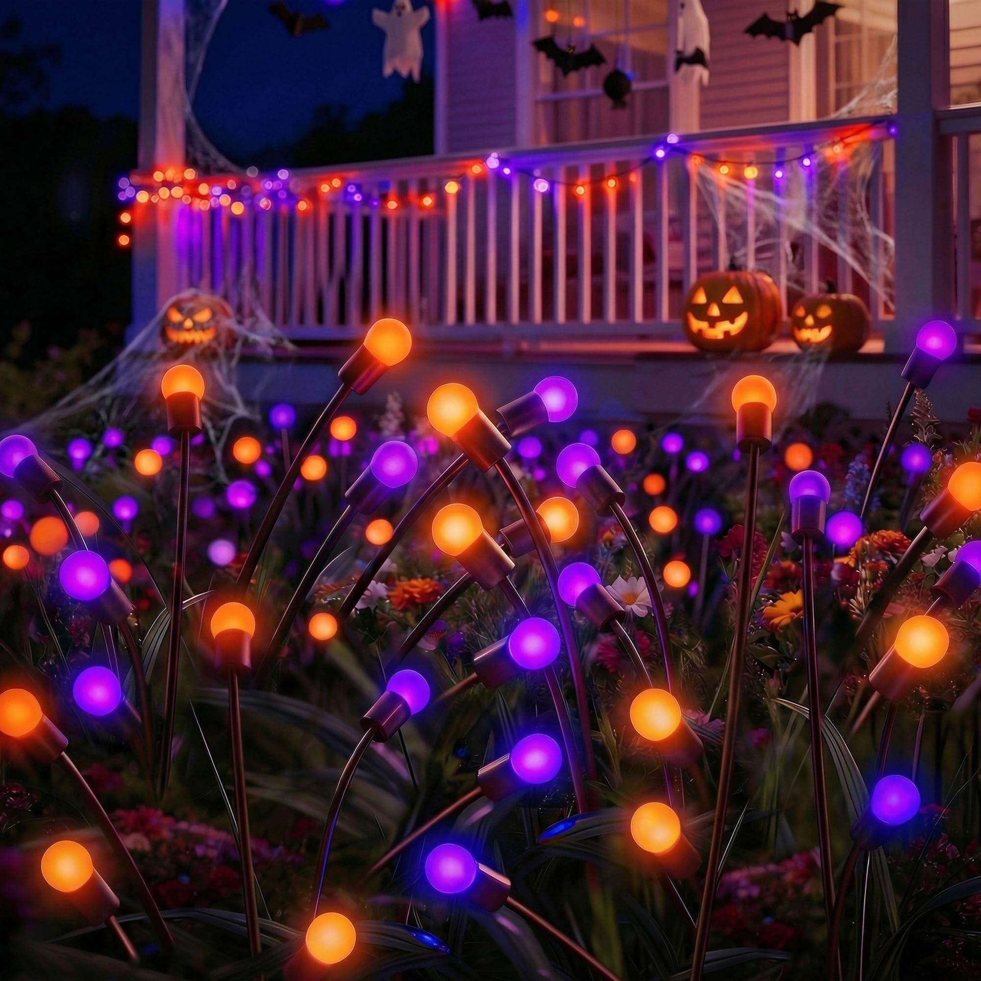 Angel Sar 2 Pack Orange Purple Solar Firefly Lights with 6 LEDs IP65 Waterproof Auto Dusk to Dawn Swaying for Outdoor Yard Patio Lawn Party Decor