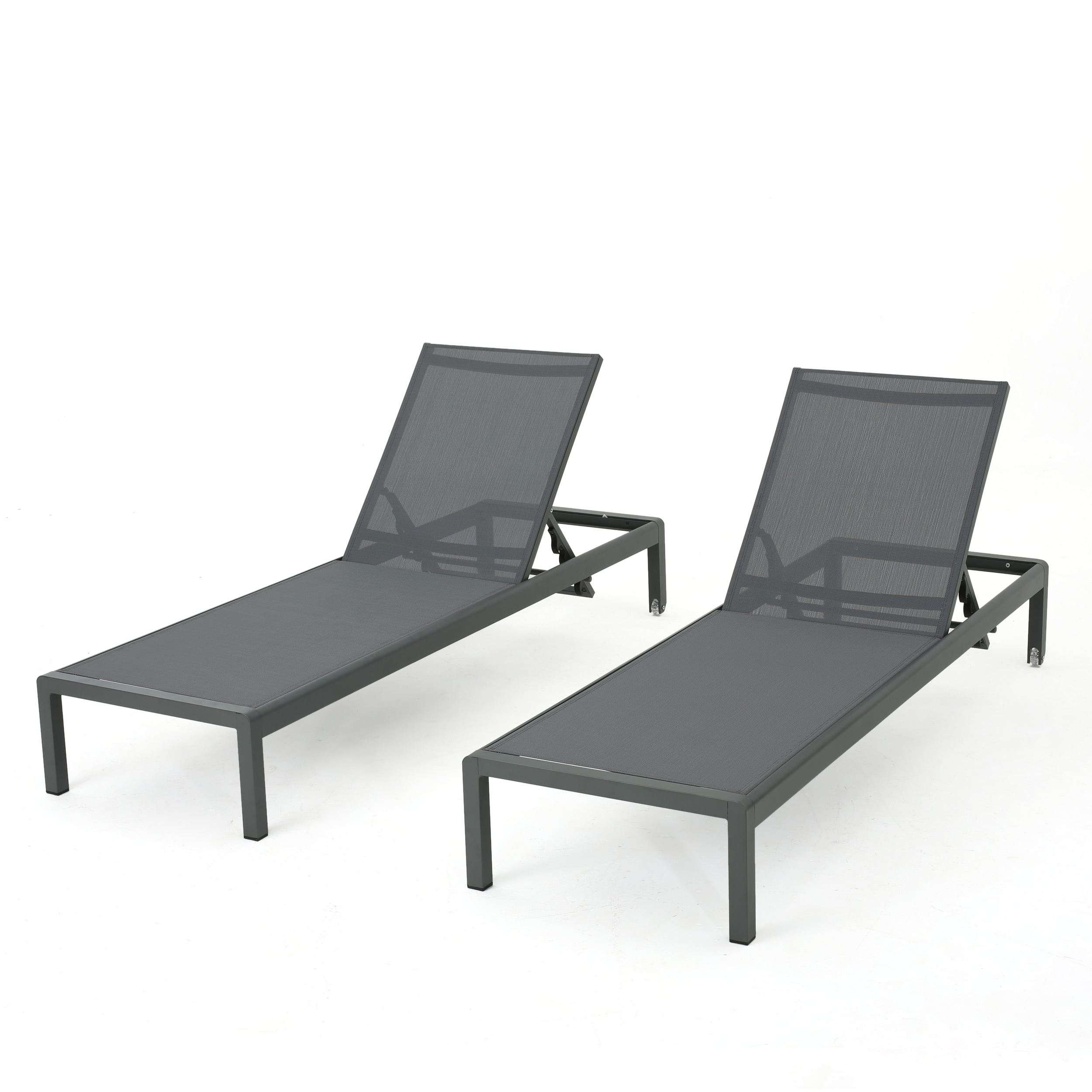 Gray Aluminum Outdoor Chaise Lounge with Dark Mesh Seat, Set of 2
