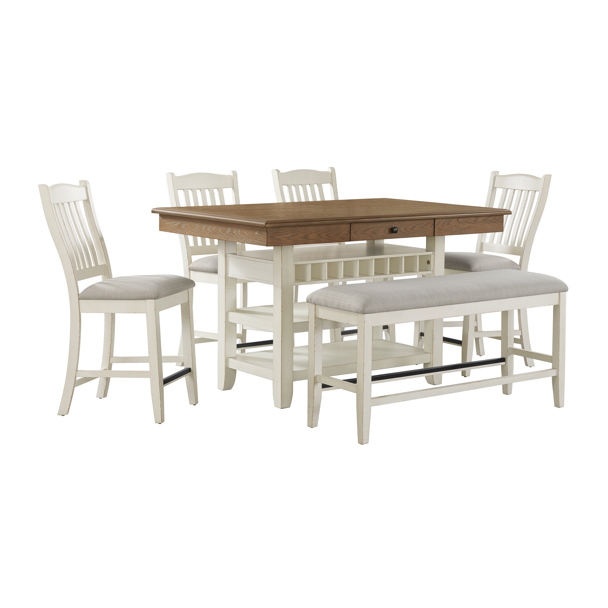 Picket House Furnishings D-10600-7-CT-6PC Marlow Antique White, Walnut Country Dining Room Set with Rectangular Table ( Seats 6 )