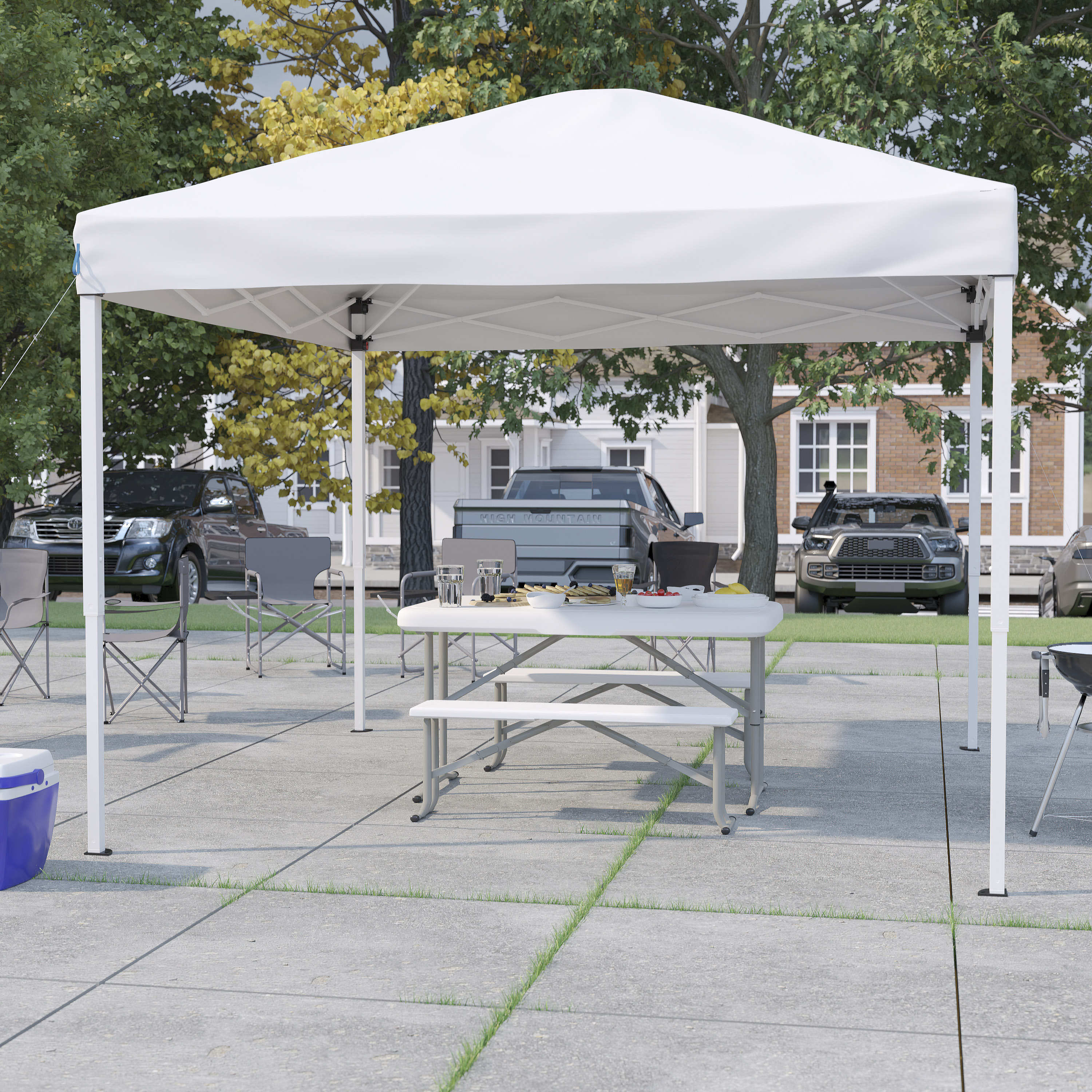 Flash Furniture 889142988786 Knox 10-ft x10-ft White Pop Up Event Canopy Tent with Carry Bag and Folding Bench Set - Portable Tailgate; Camping; Event Set