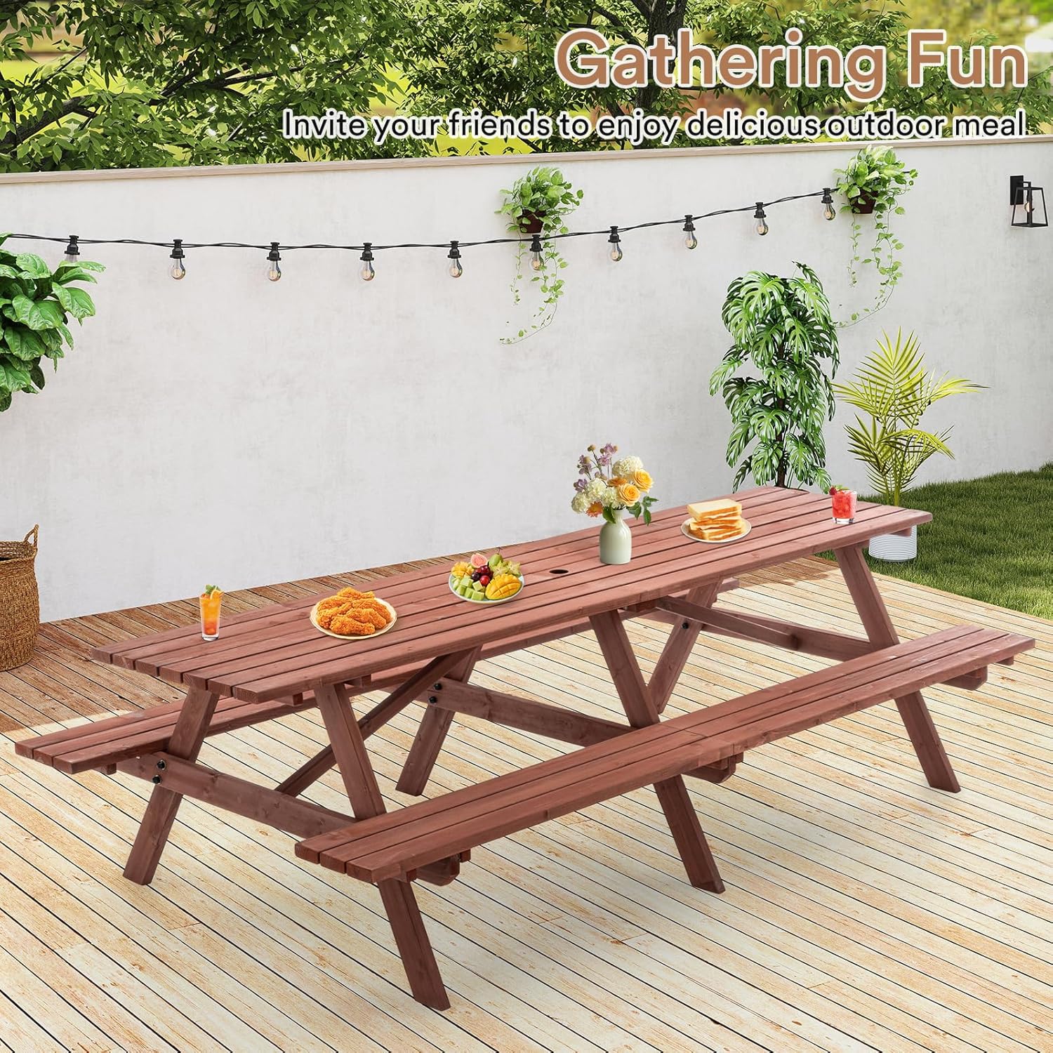 Zevemomo 10-12 Person Wood Picnic Table Rectangle Tabletop with